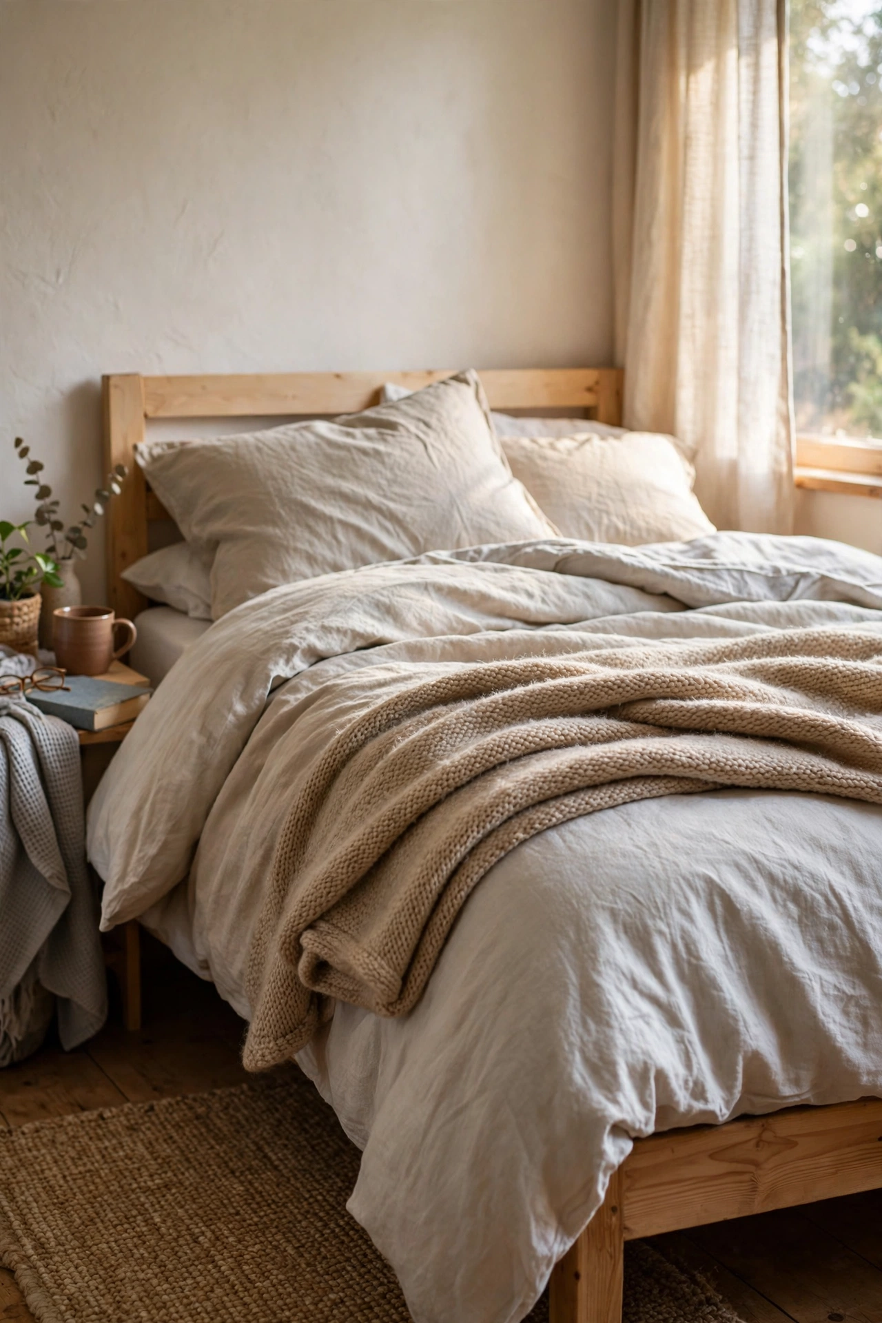 Wool throw folded across the foot of a bed