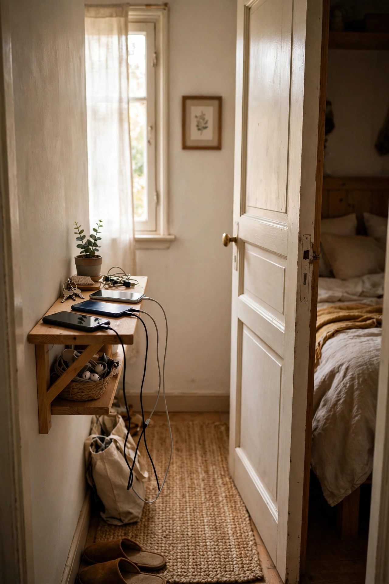 Phones charging on a hallway shelf outside bedroom