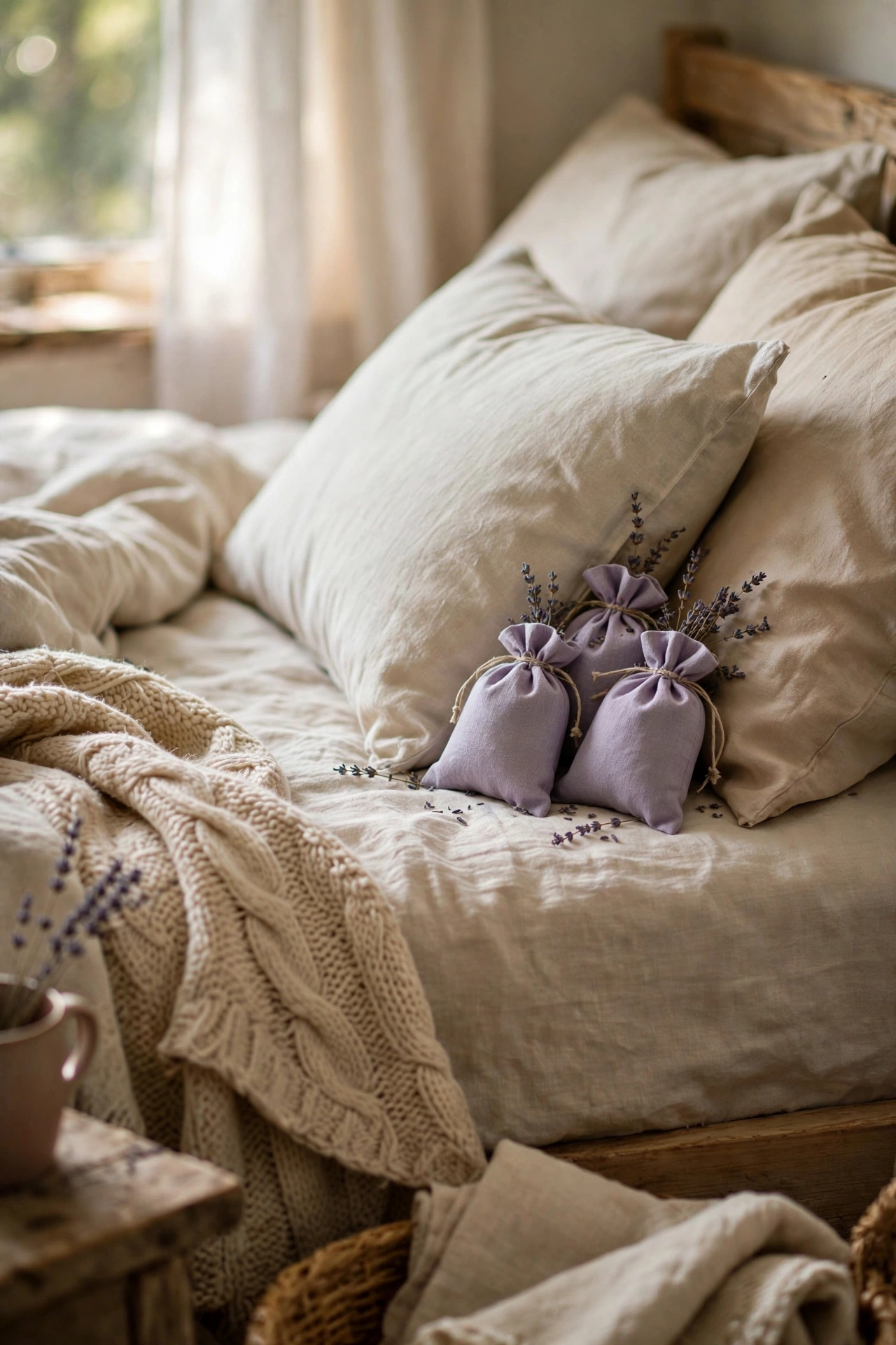 Lavender sachets tucked inside a pillowcase