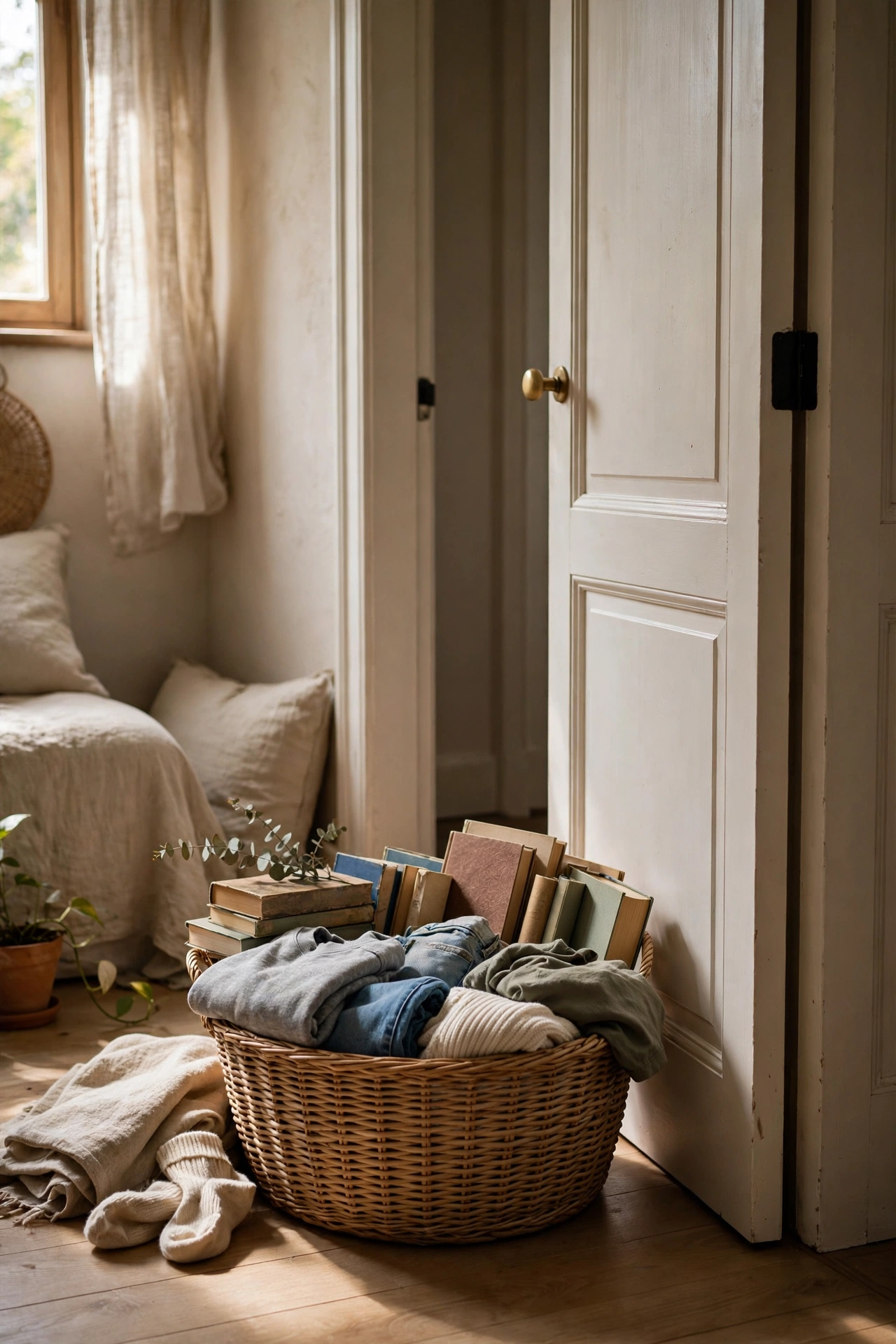 Woven basket collecting clutter in a bedroom