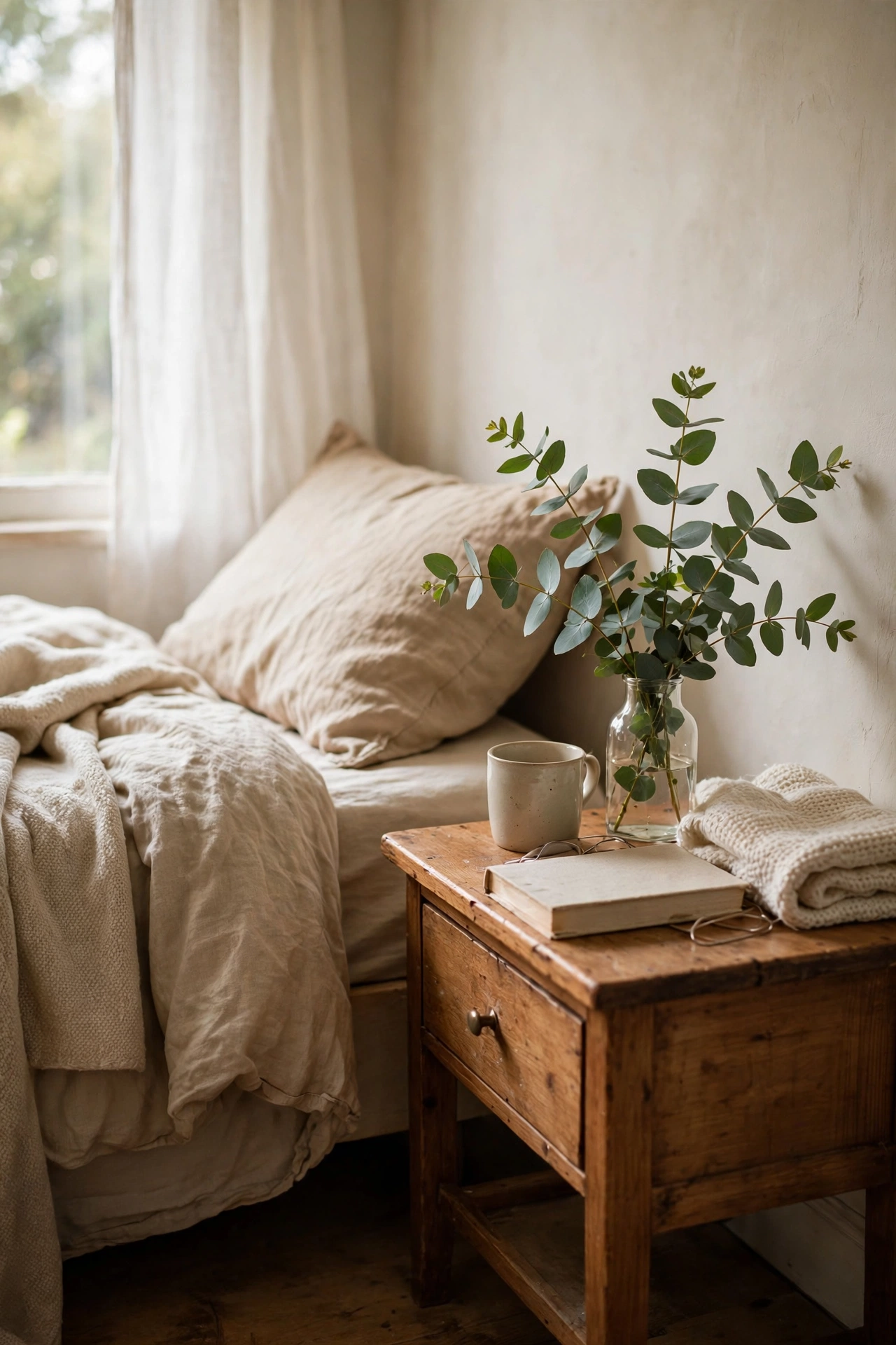 Eucalyptus sprigs in a small vase on nightstand