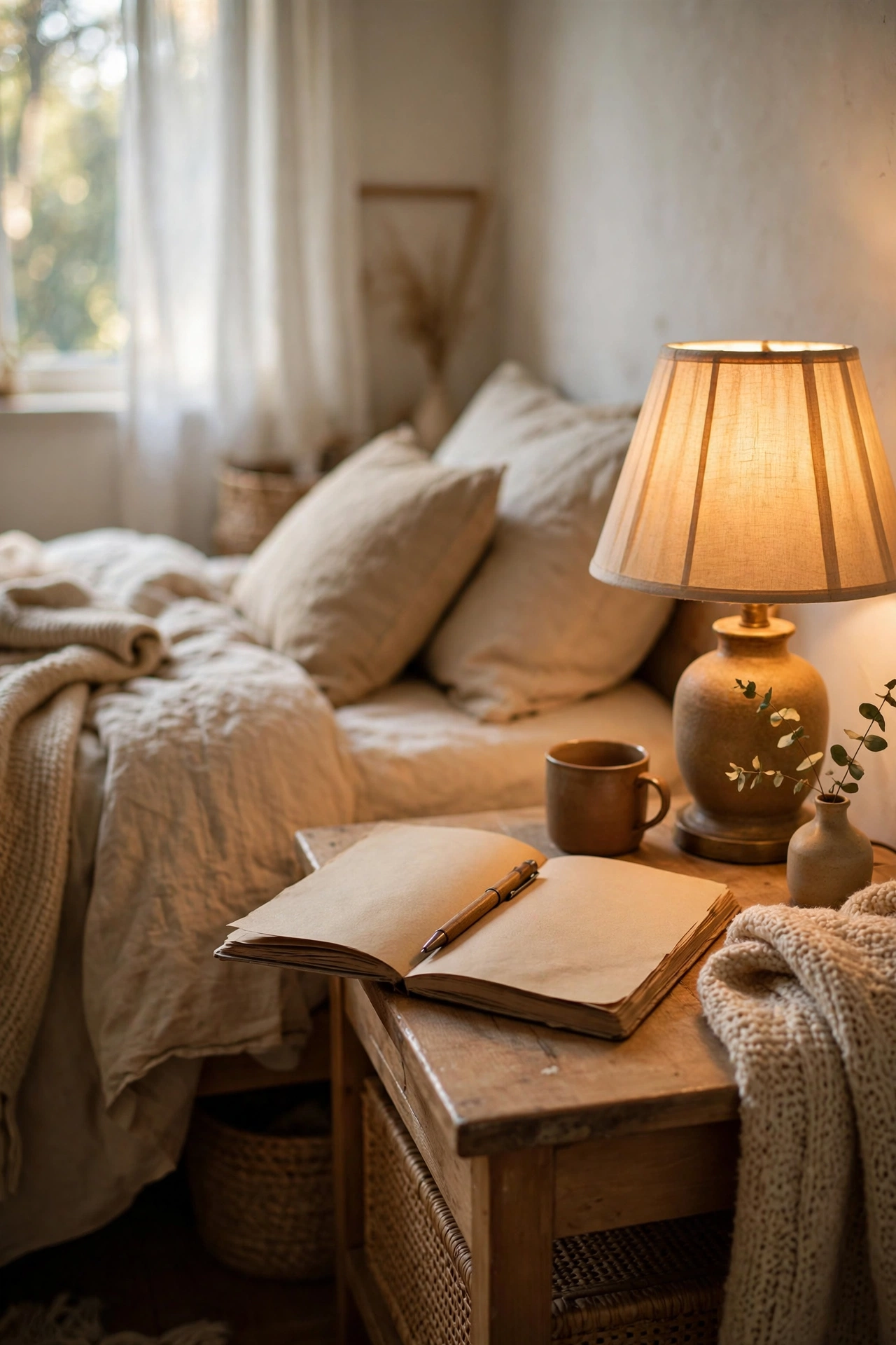 Paper journal and pen on a nightstand