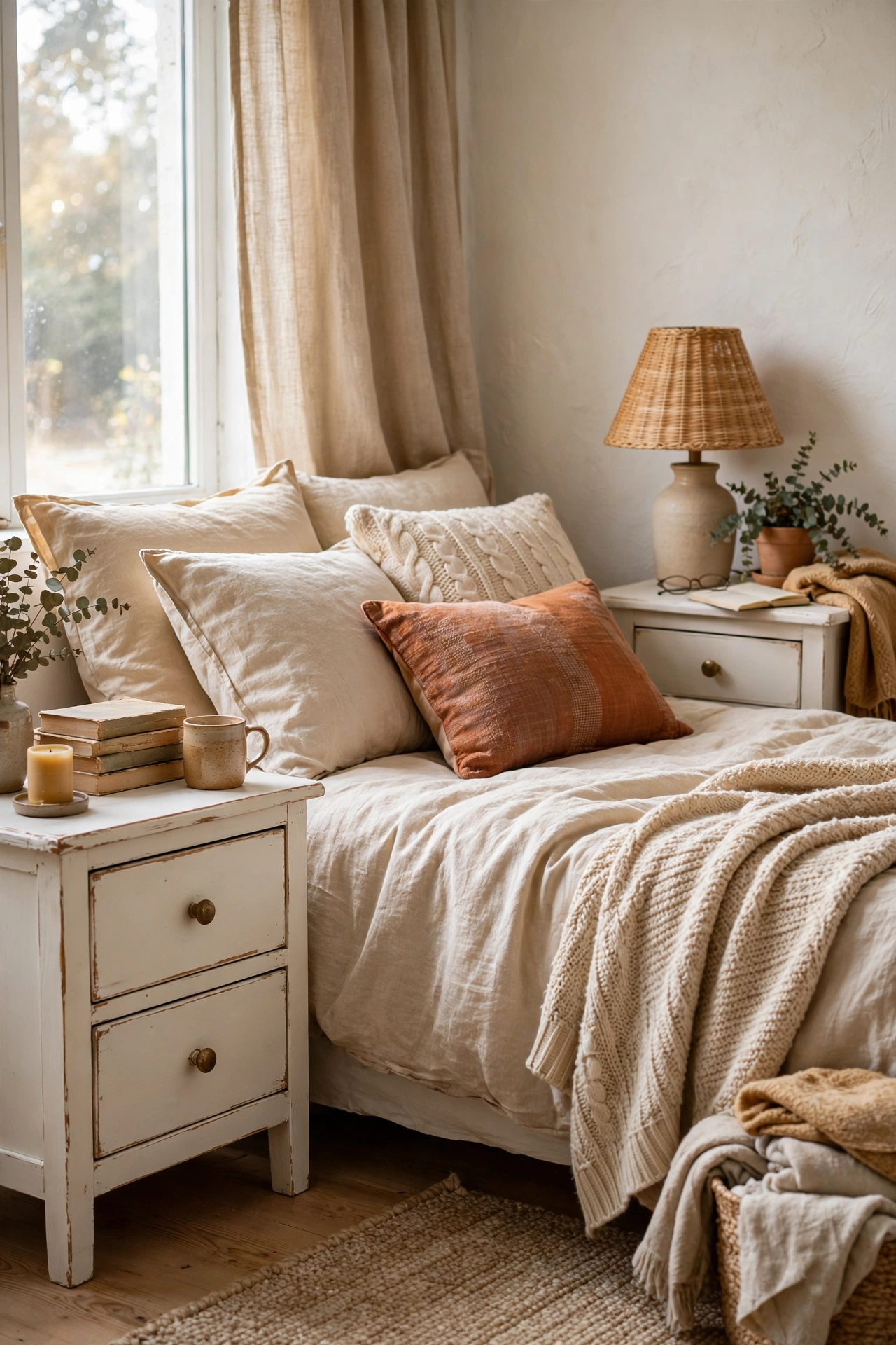 Thrifted solid wood nightstands painted warm white