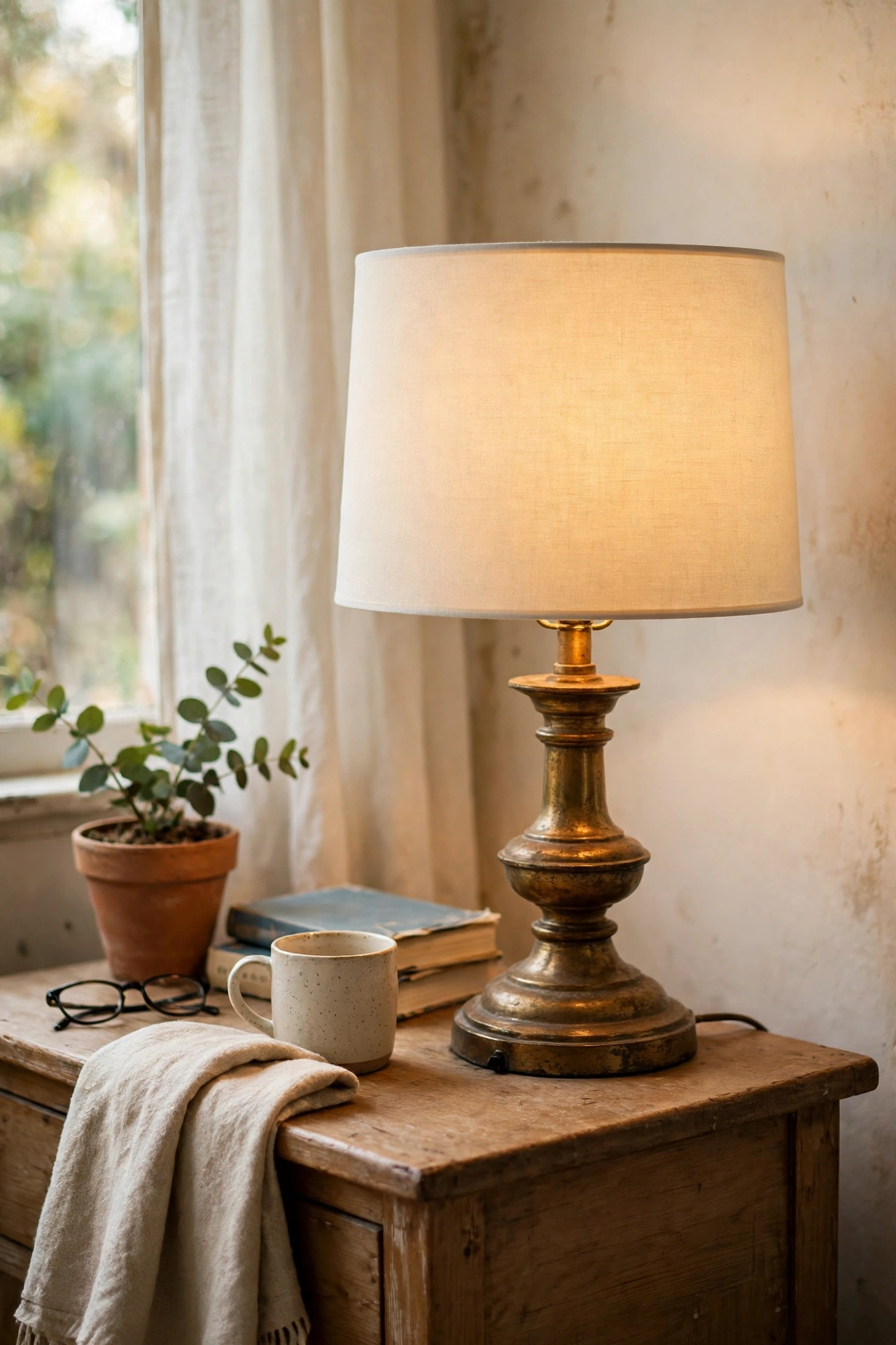 Vintage brass table lamp with new drum shade