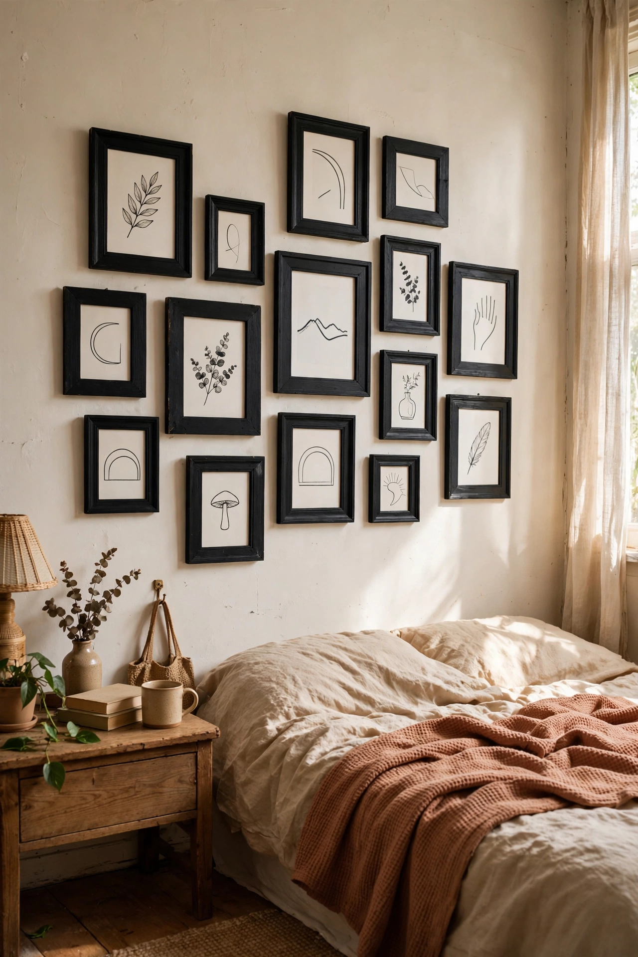 Gallery wall of thrifted wooden frames painted black