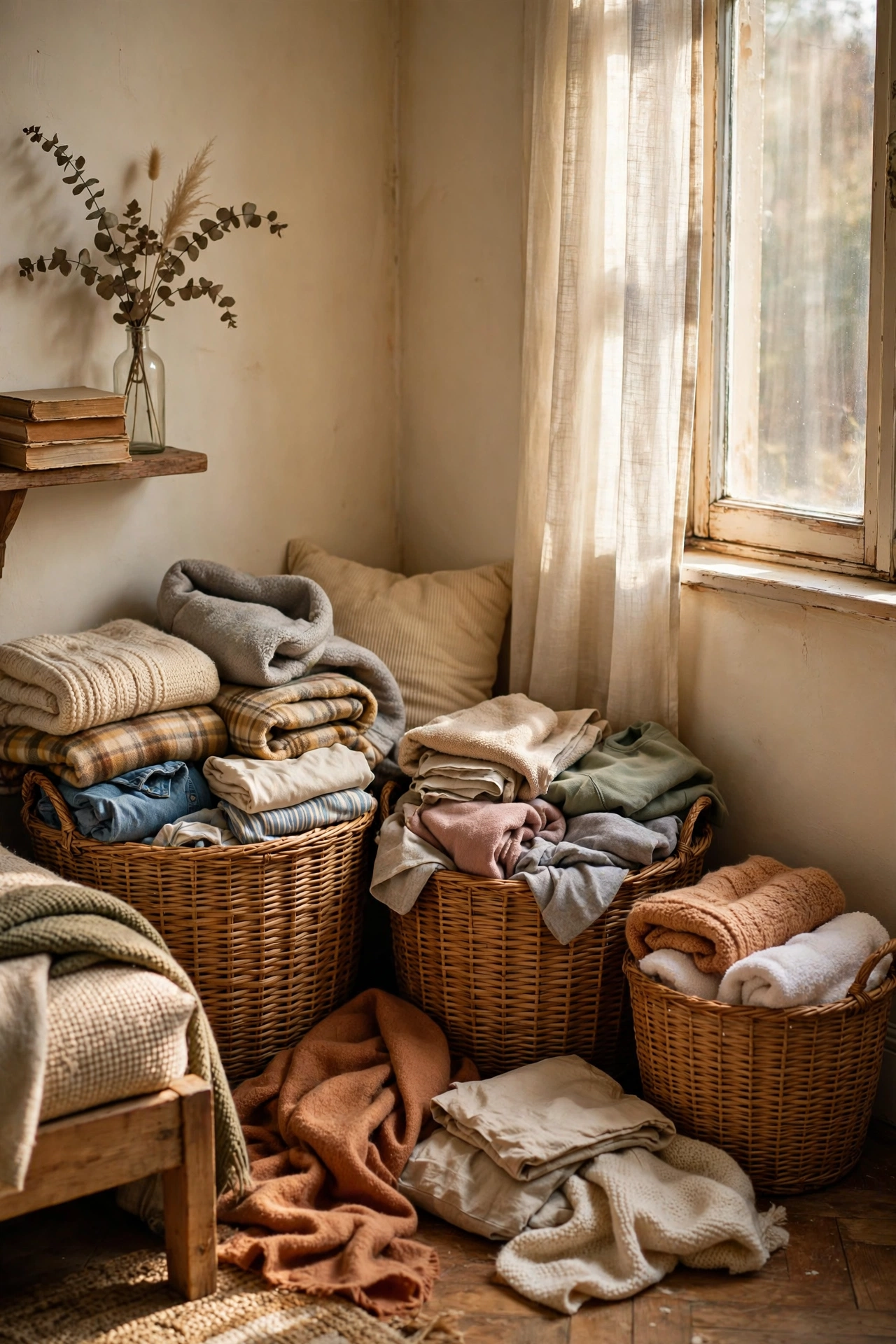 Woven thrifted baskets used for bedroom storage