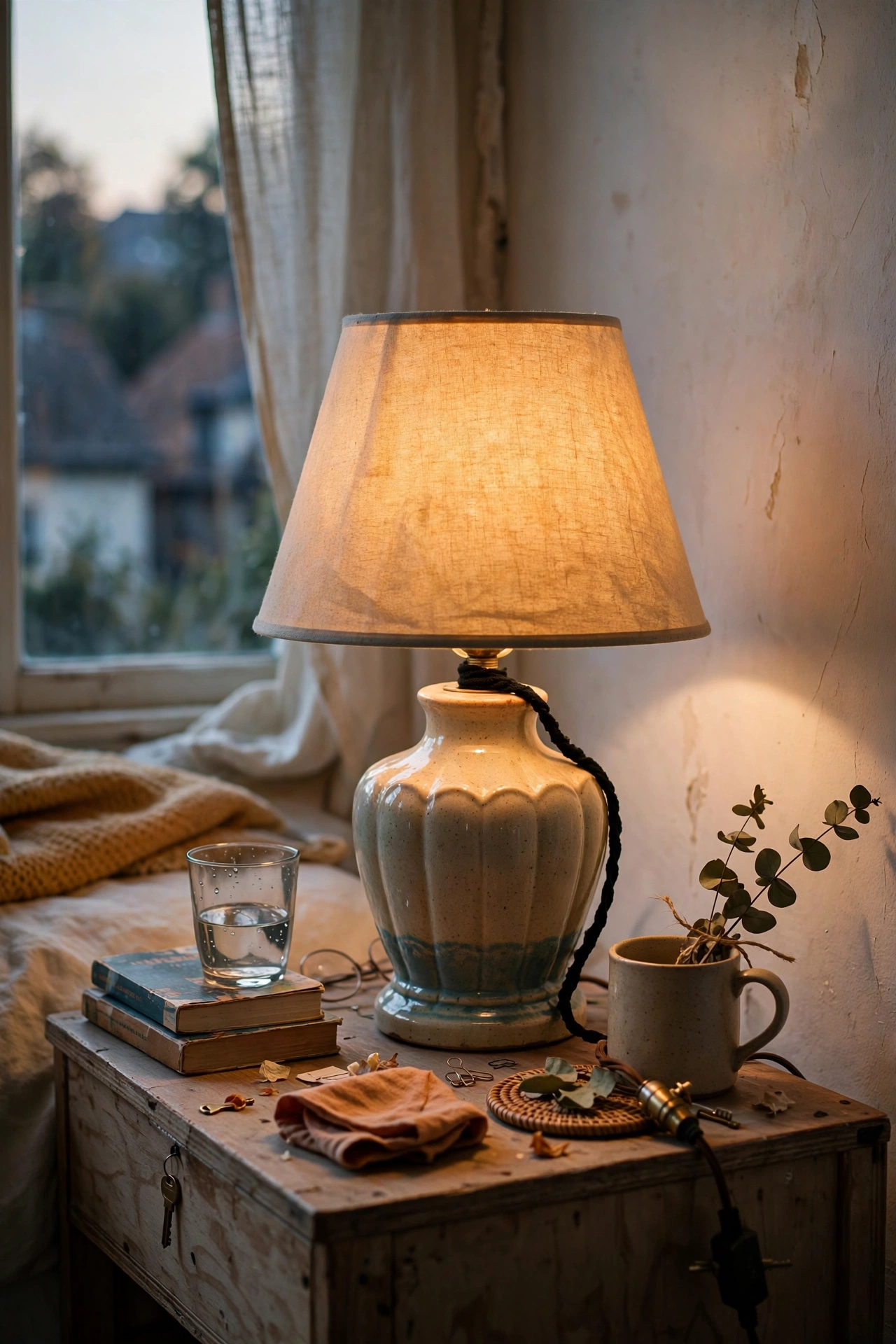 Rewired vintage lamp glowing on a nightstand
