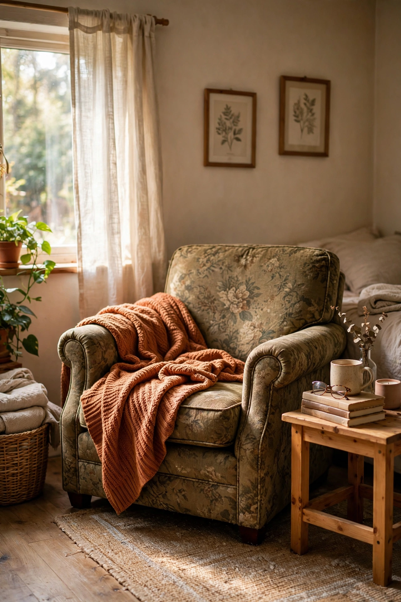 Steam-cleaned thrifted armchair in bedroom corner