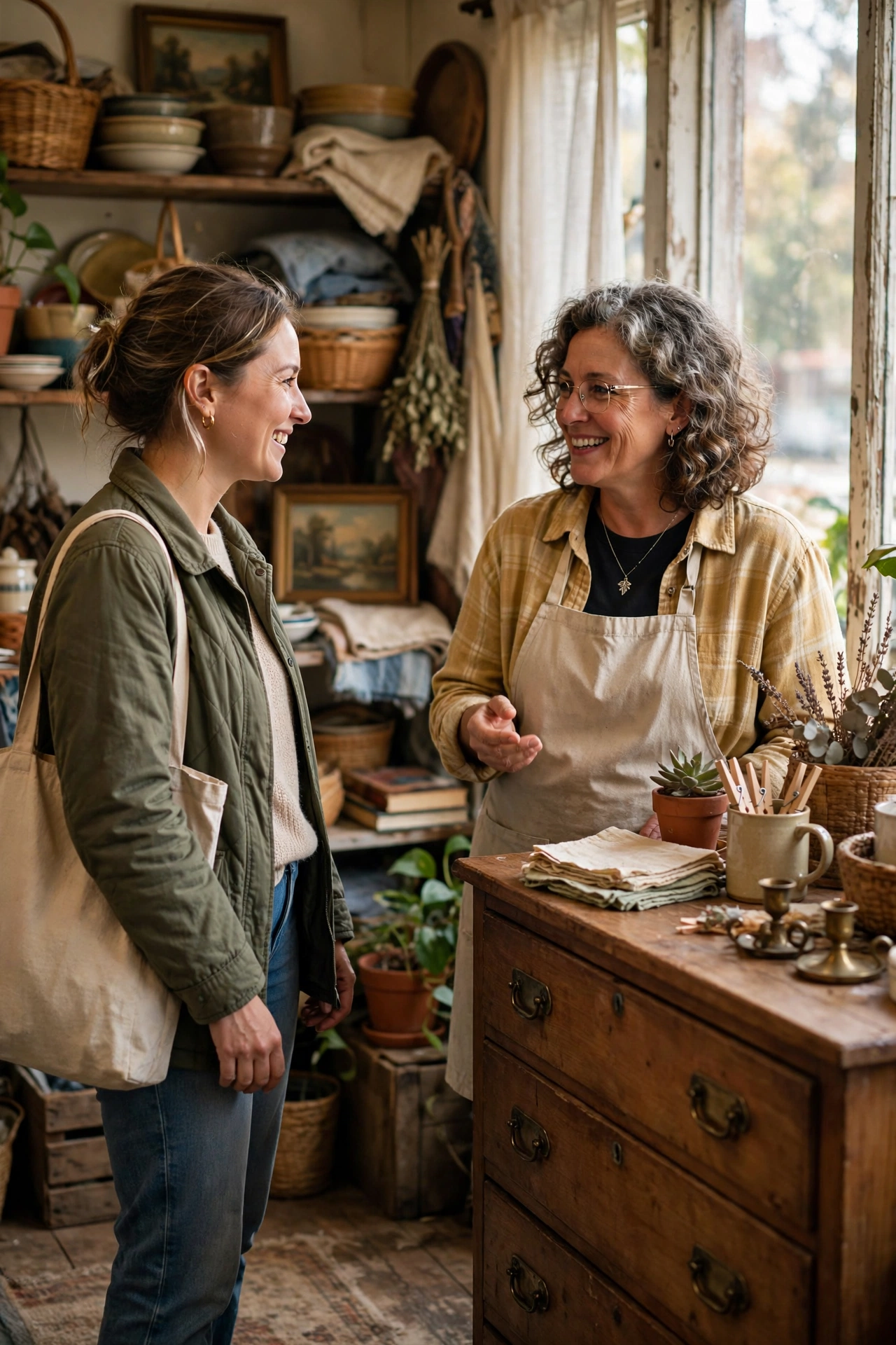 Smiling shopper asking about a price at a thrift store