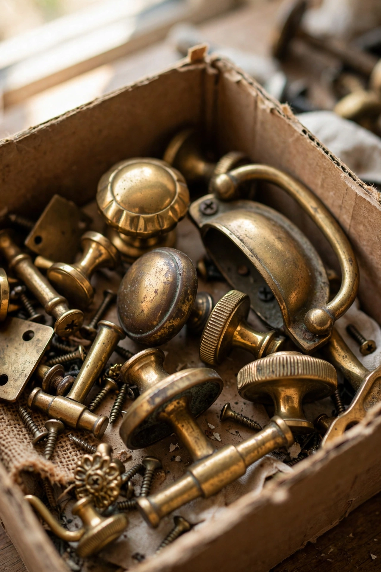 Brass drawer pulls and knobs in a thrift store bin