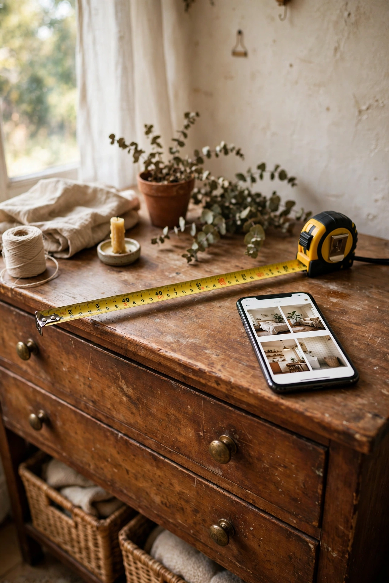 Tape measure and phone with room photos at thrift store