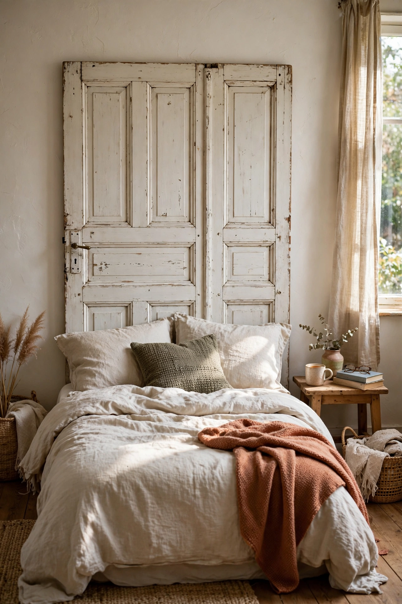 Old panelled door mounted as a bedroom headboard