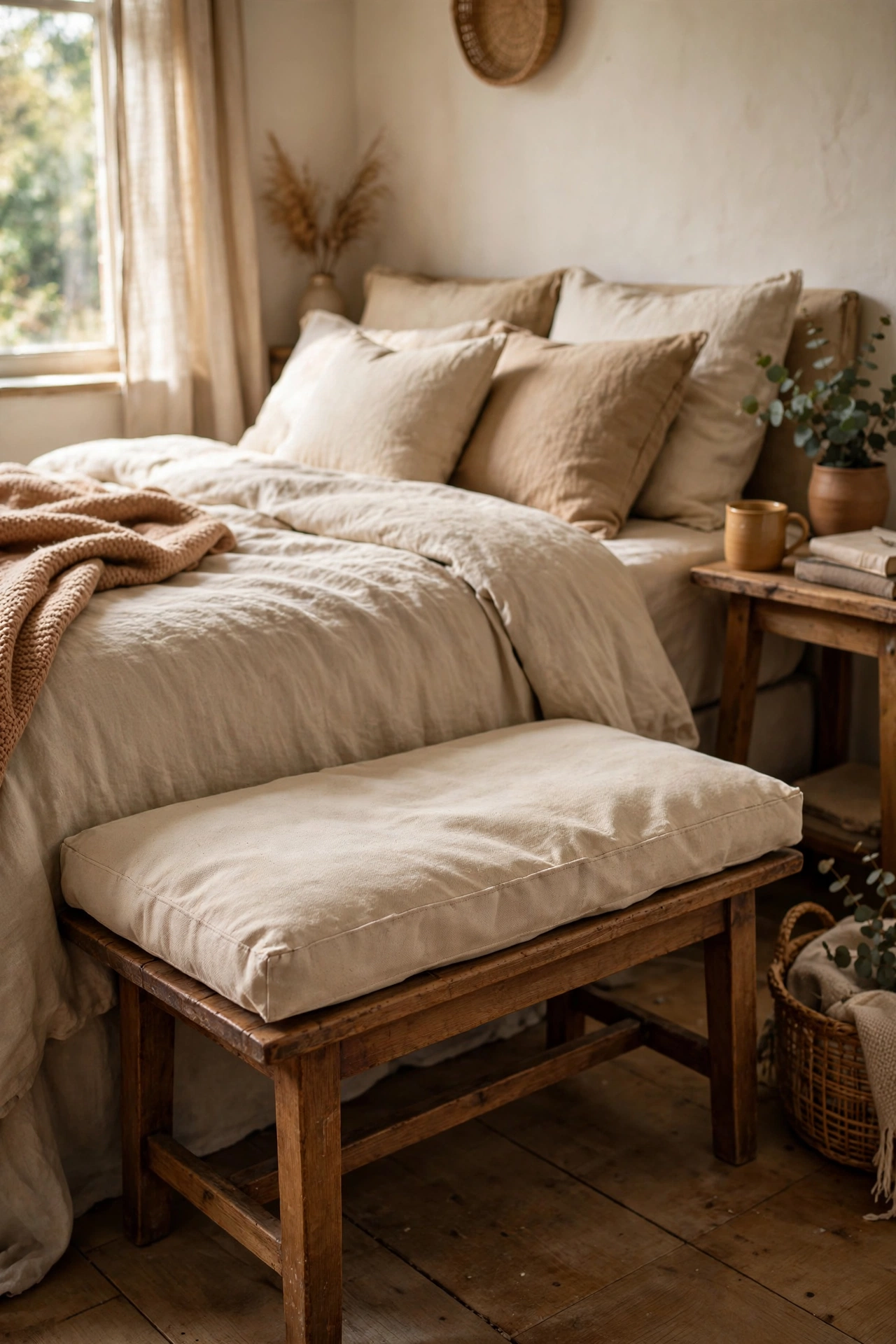 Reupholstered thrifted bench at the foot of a bed