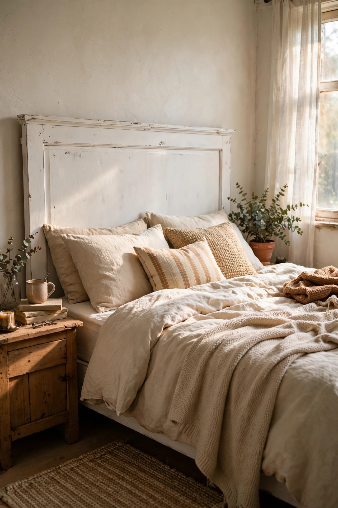 Solid wood headboard repainted warm white