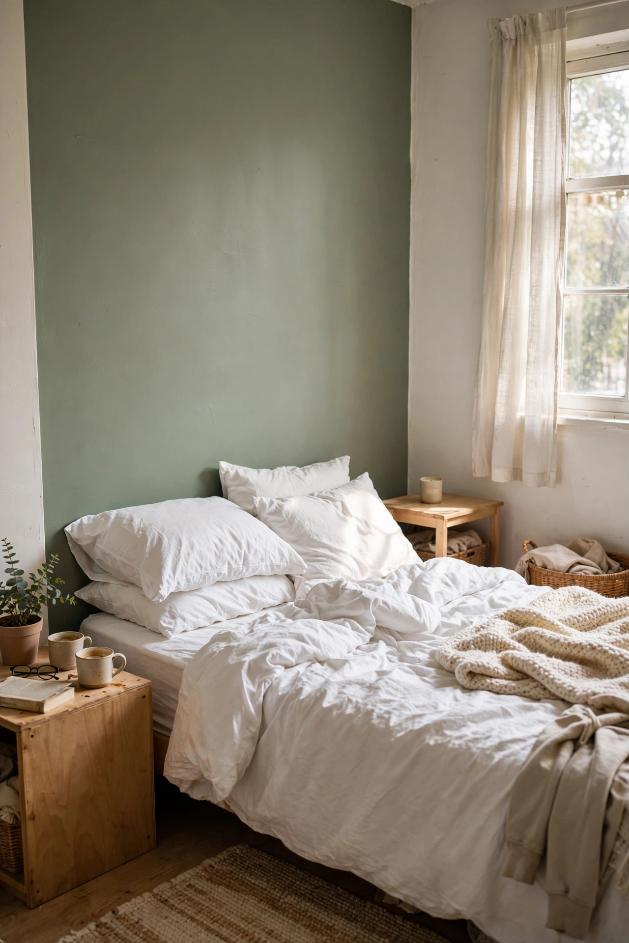Sage green accent wall behind a cosy bed with white bedding