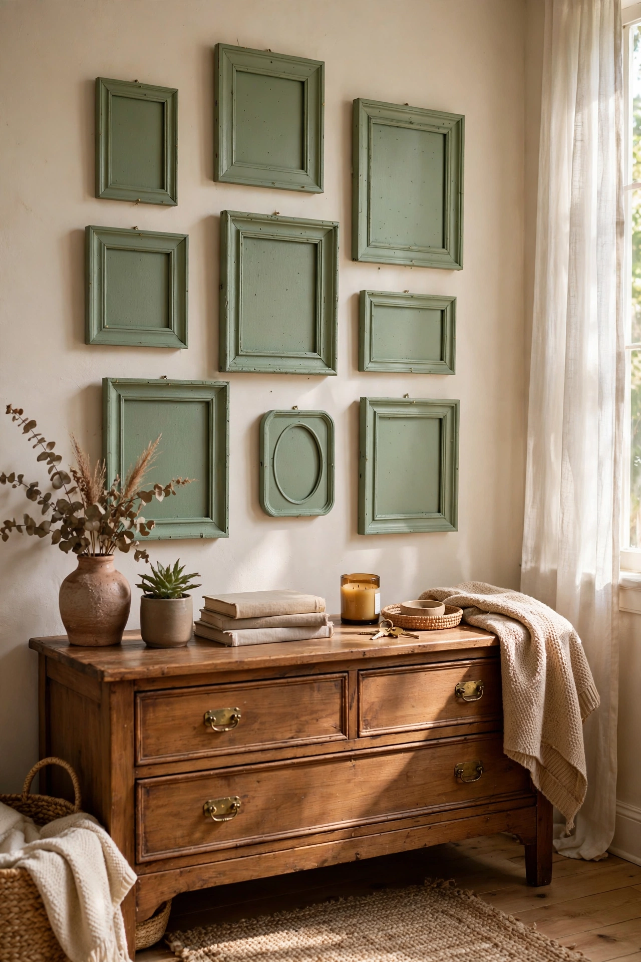 Thrifted wooden picture frames spray-painted sage green on wall