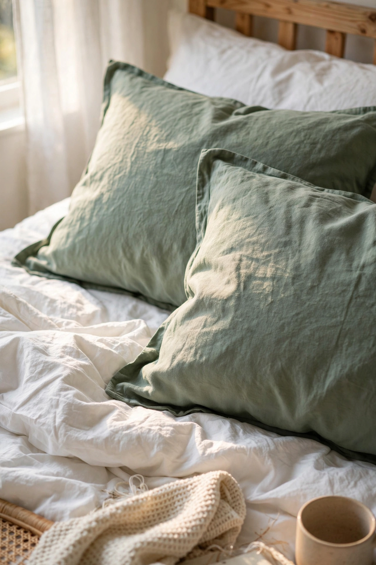 Sage green pillowcases on white bedding in calm bedroom