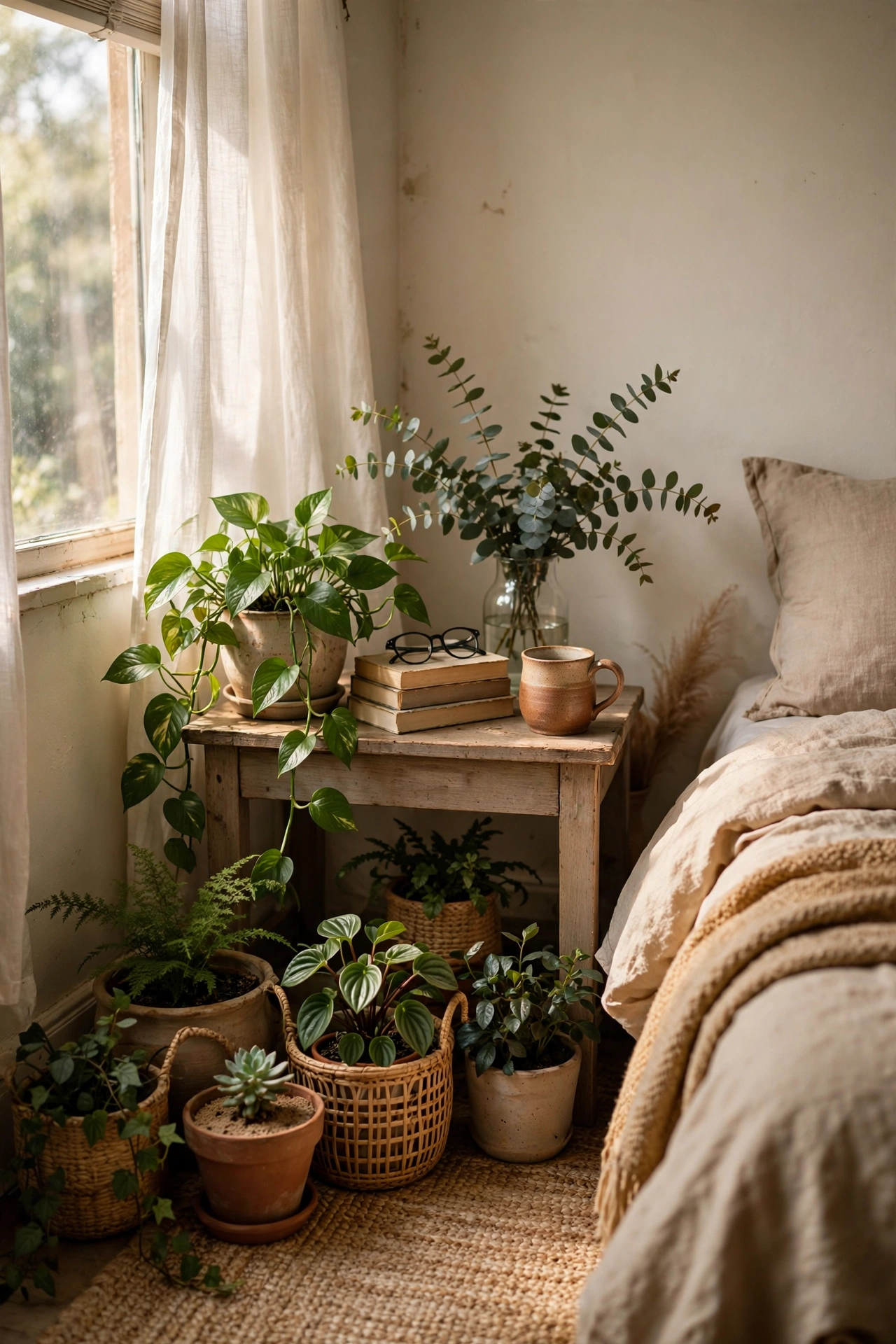 Cluster of potted plants on nightstand and dresser