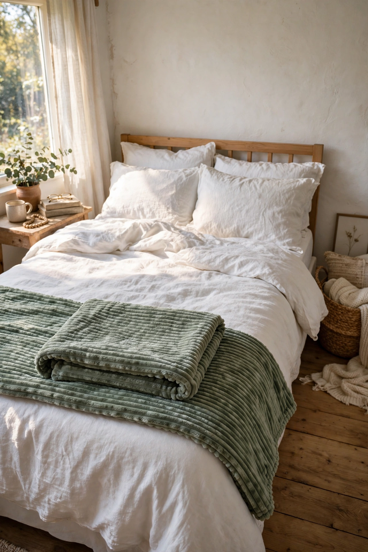Sage chenille throw blanket folded at foot of bed