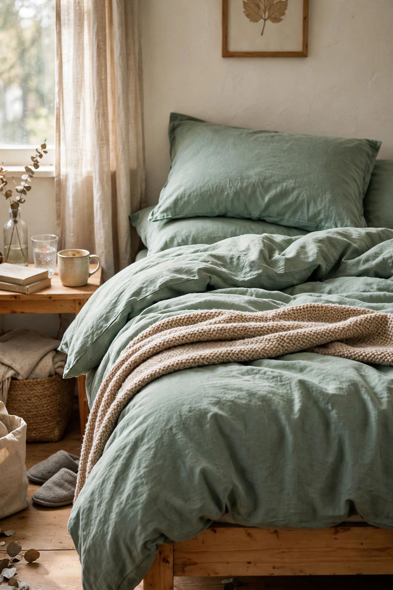 Sage green washed cotton duvet cover set on bed