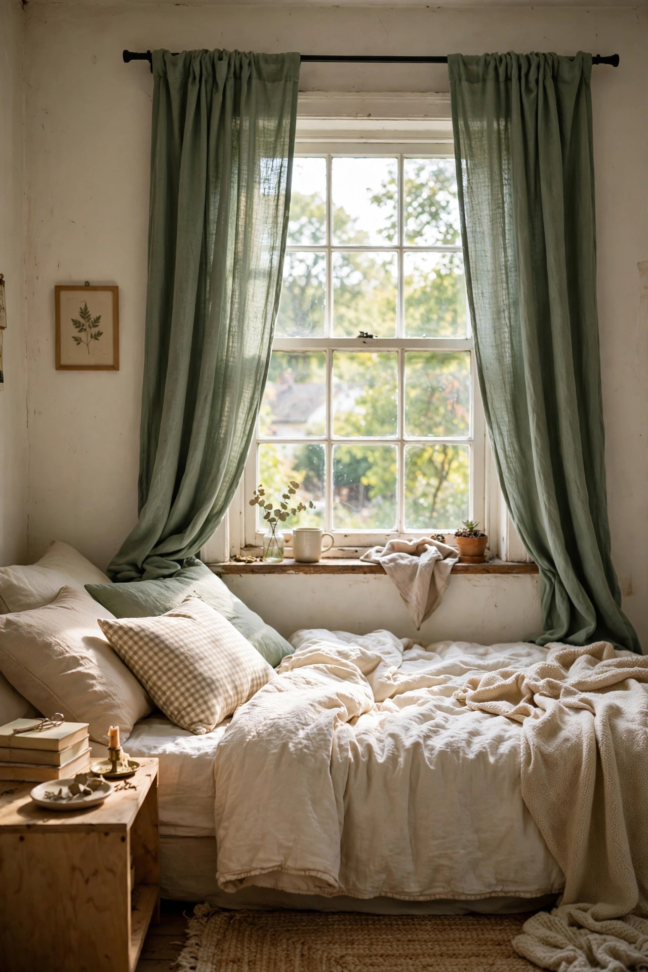 Sage linen-look curtain panels framing bedroom window