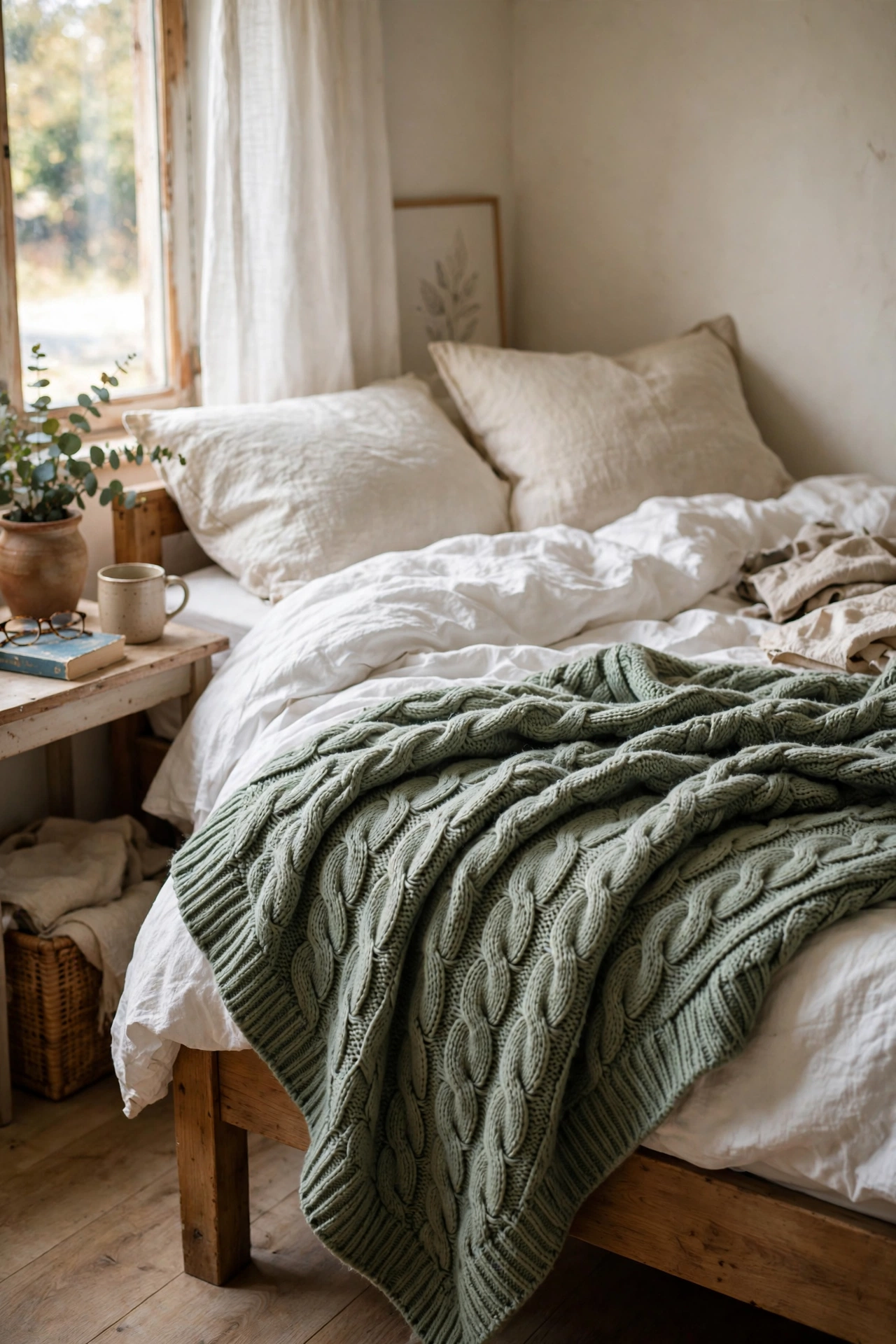 Chunky sage knit throw across foot of bed
