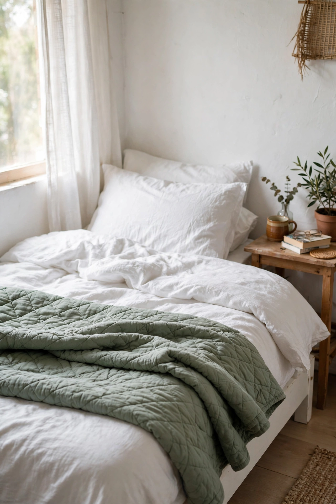 Sage quilted bedspread layered over white duvet