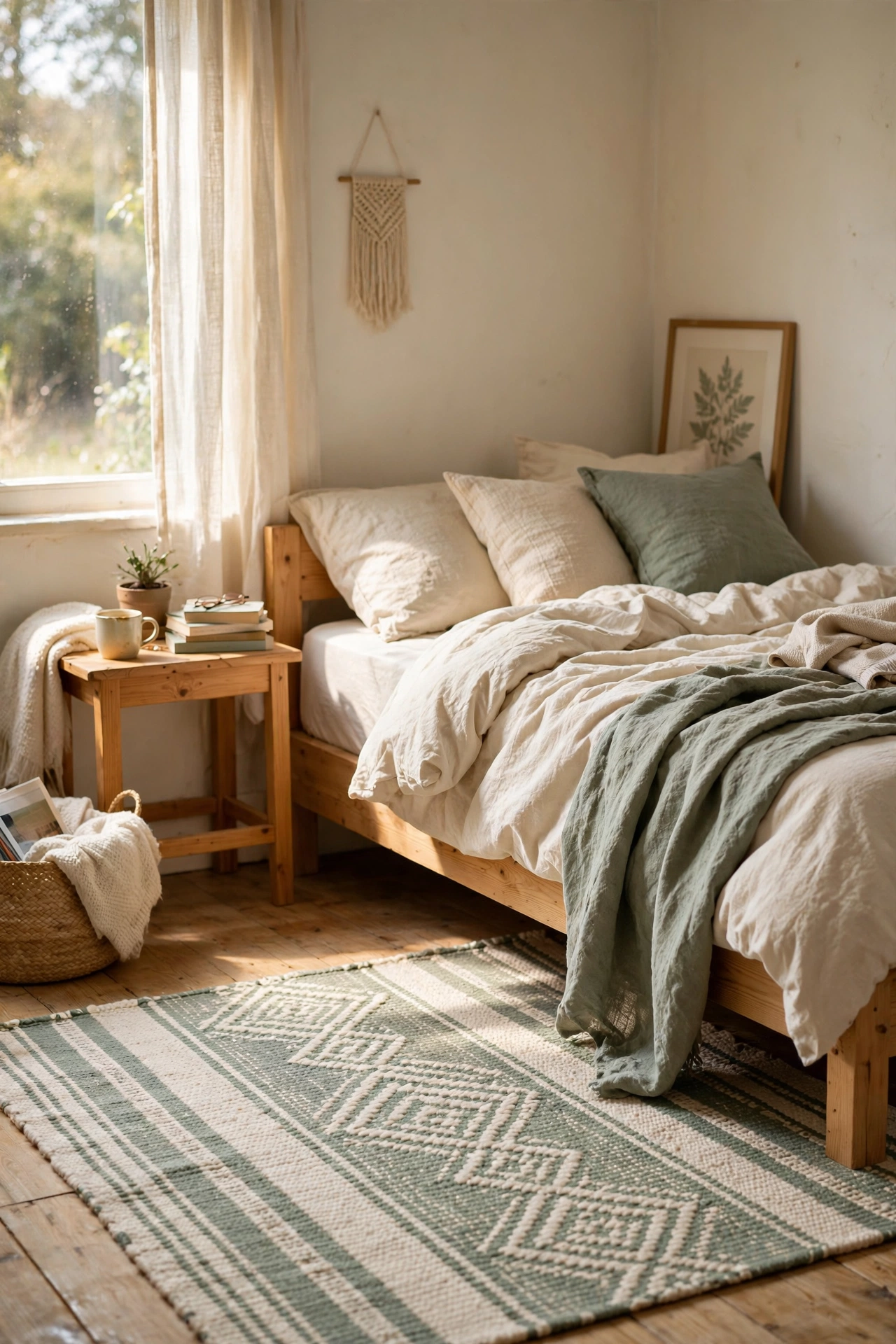Sage and cream flatweave rug under bedroom bed