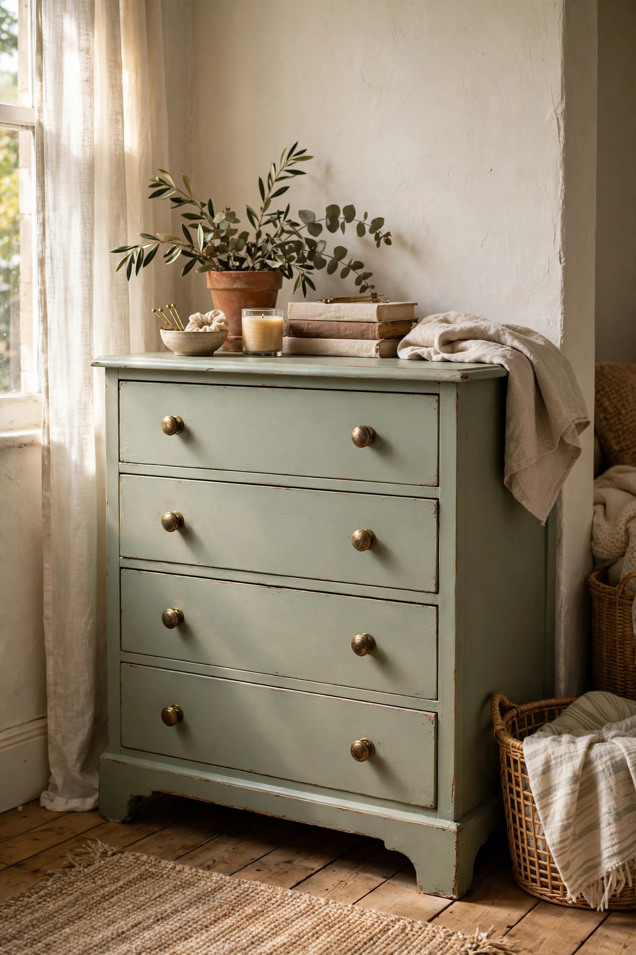 Thrifted wooden dresser painted soft sage green