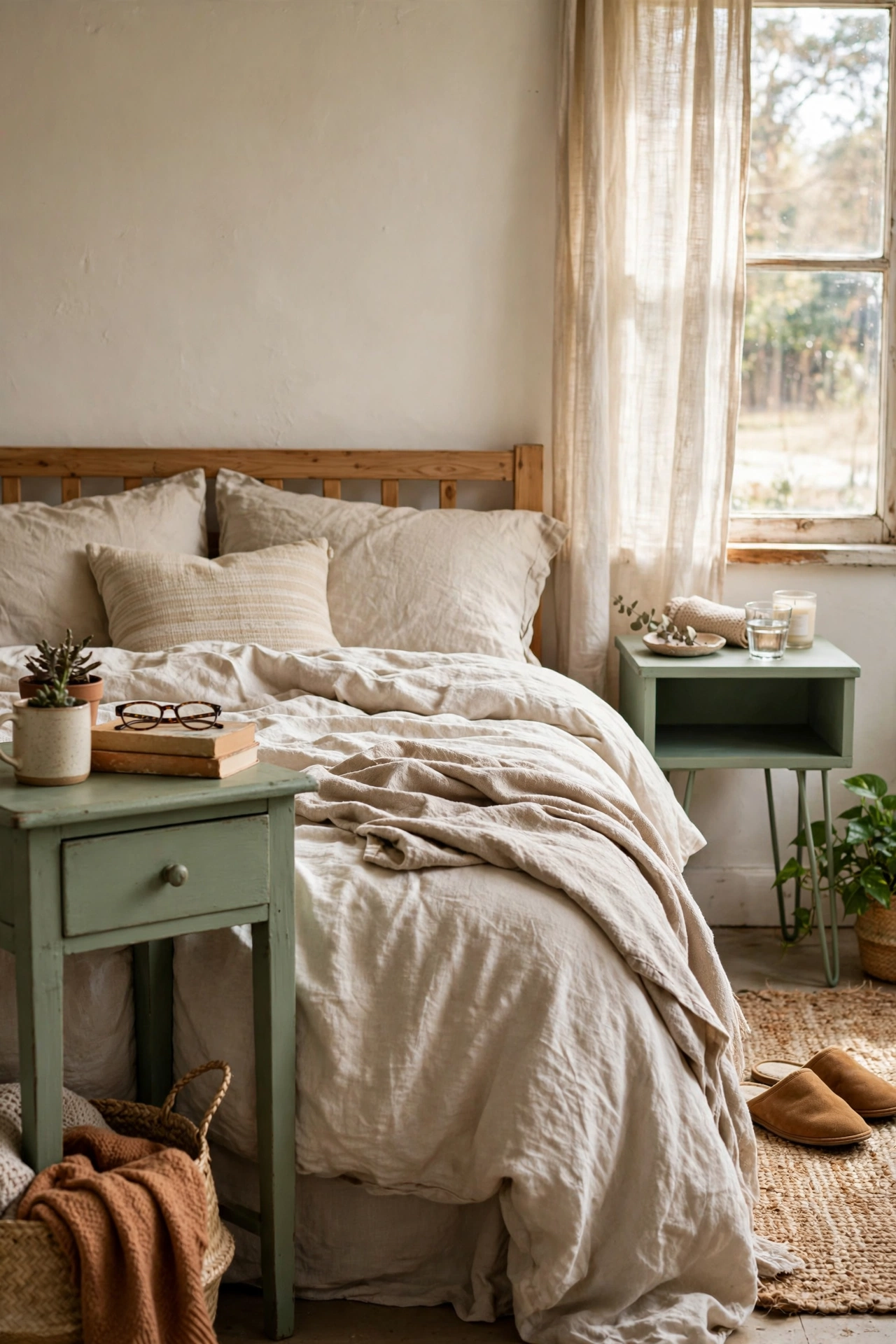 Two mismatched nightstands painted matching sage green