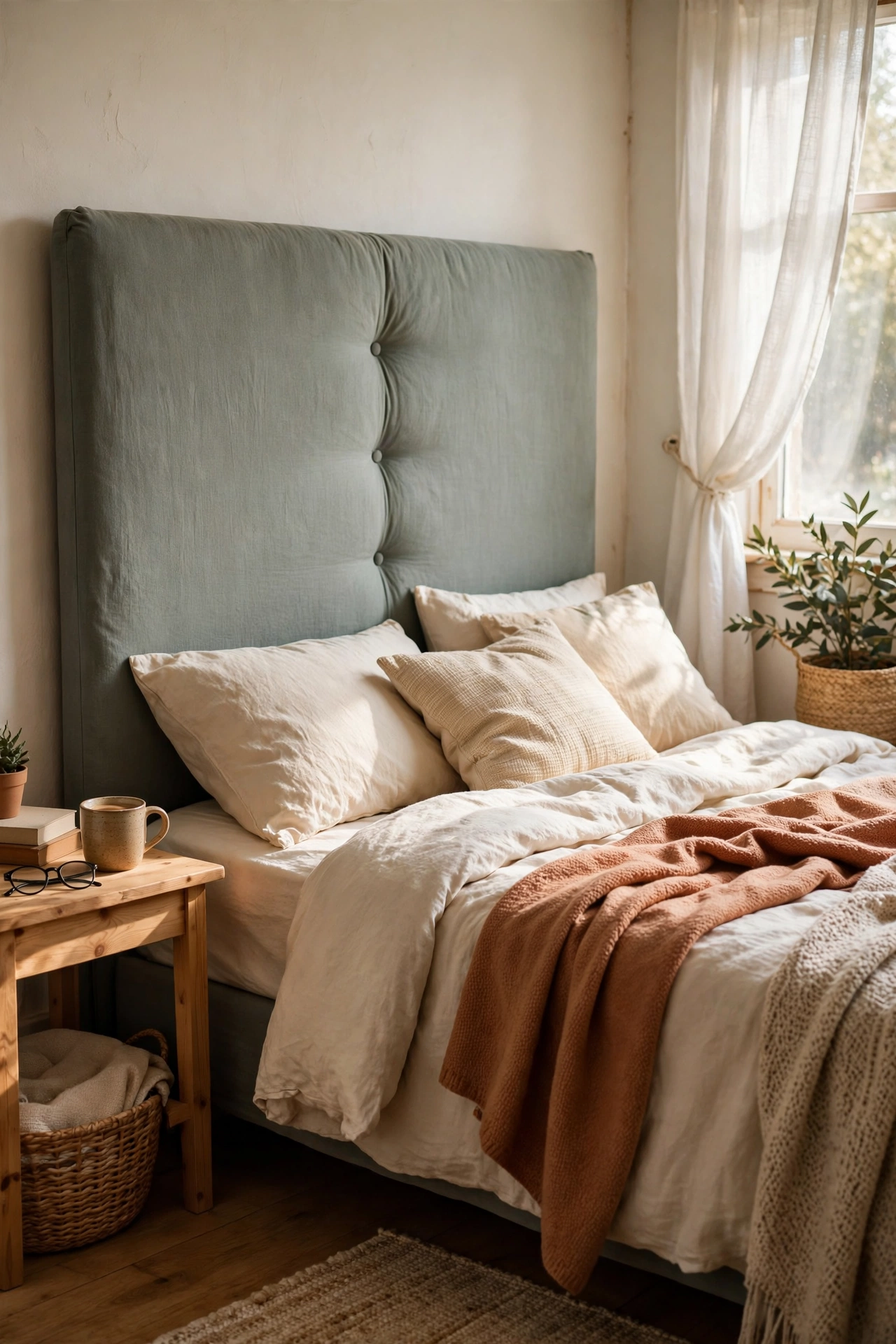 No-sew upholstered headboard in sage cotton fabric
