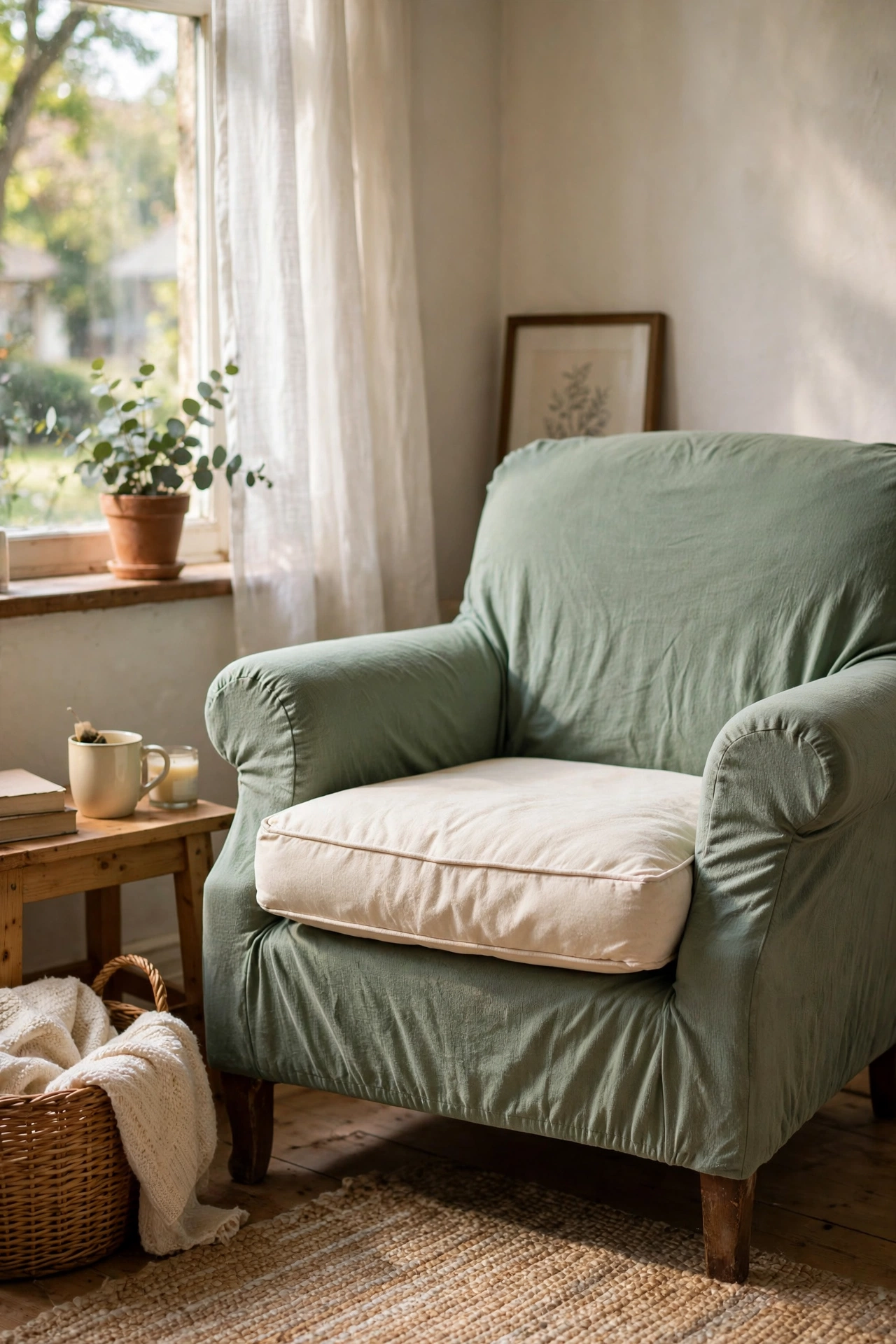 Accent chair with sage stretch slipcover and cream cushion