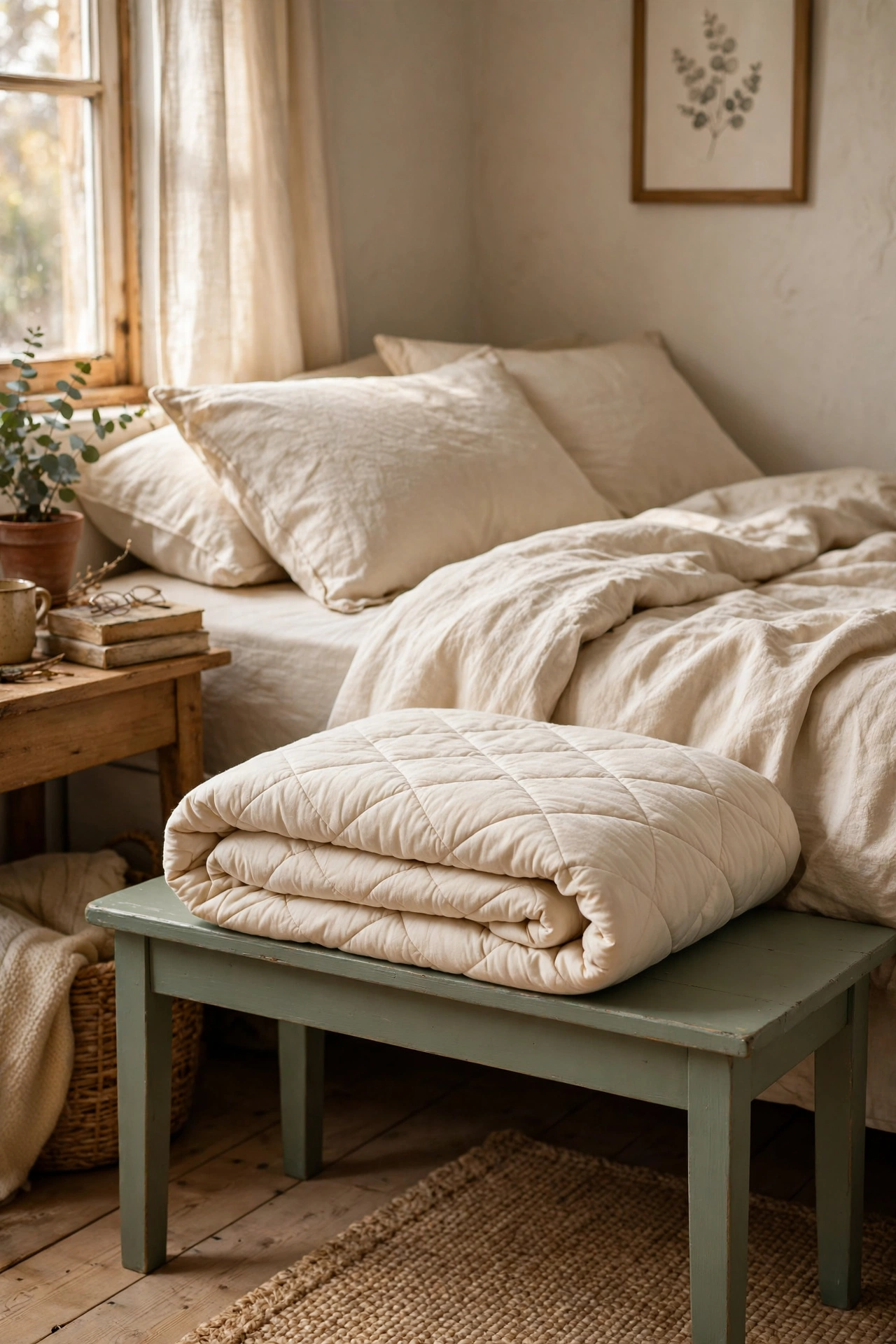 Sage painted bench at foot of bed with folded quilt