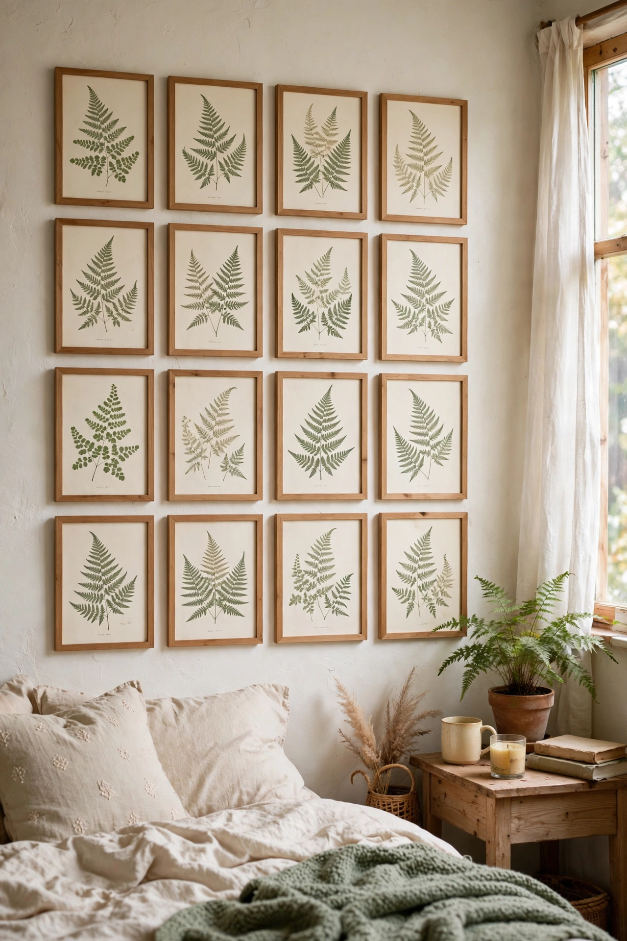 Botanical fern prints in sage tones in gallery frames
