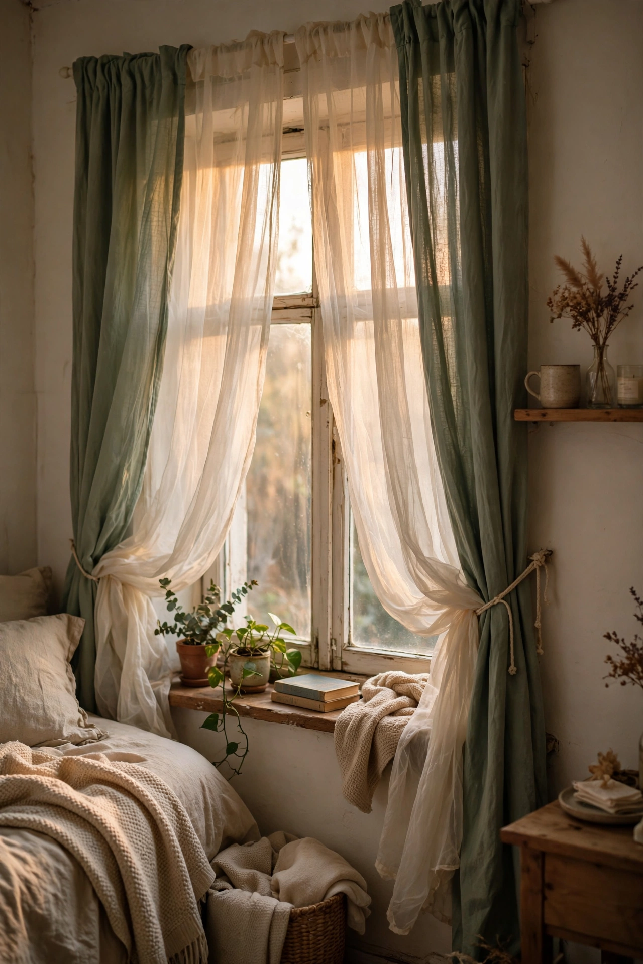 Sheer ivory panels layered over sage curtains