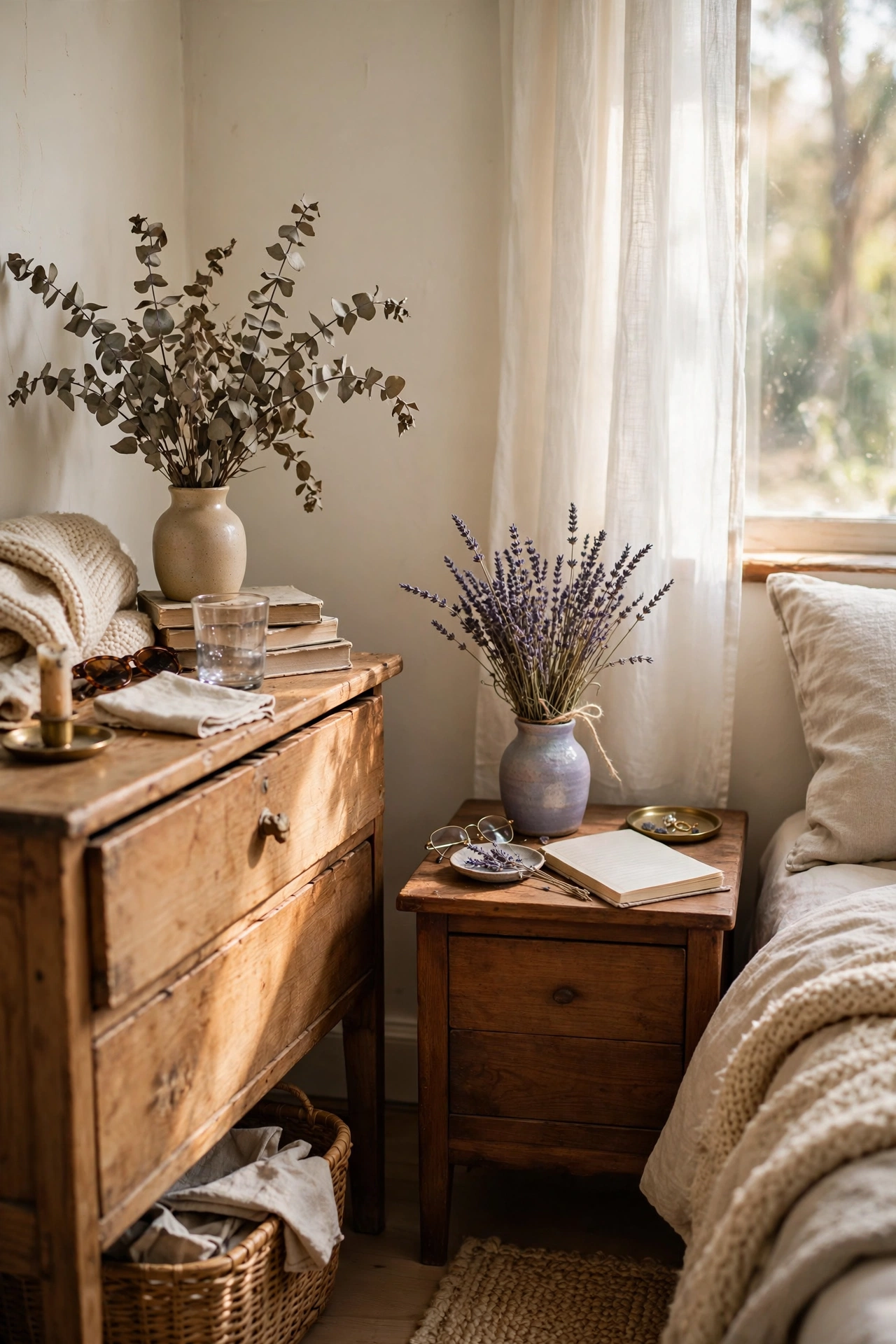 Dried eucalyptus and lavender bundles in vases