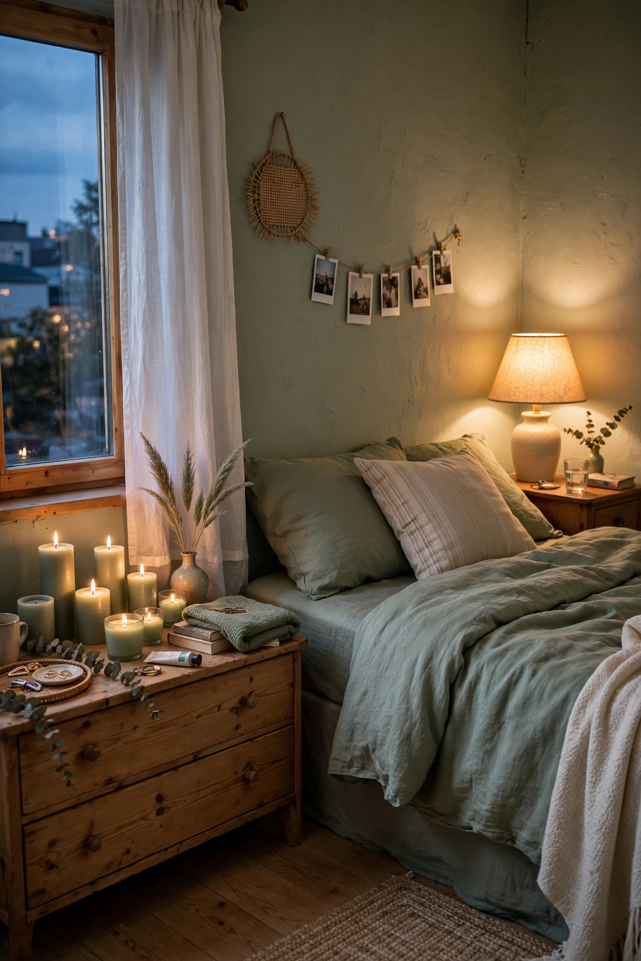 Bedroom glowing with warm lamplight and sage candles