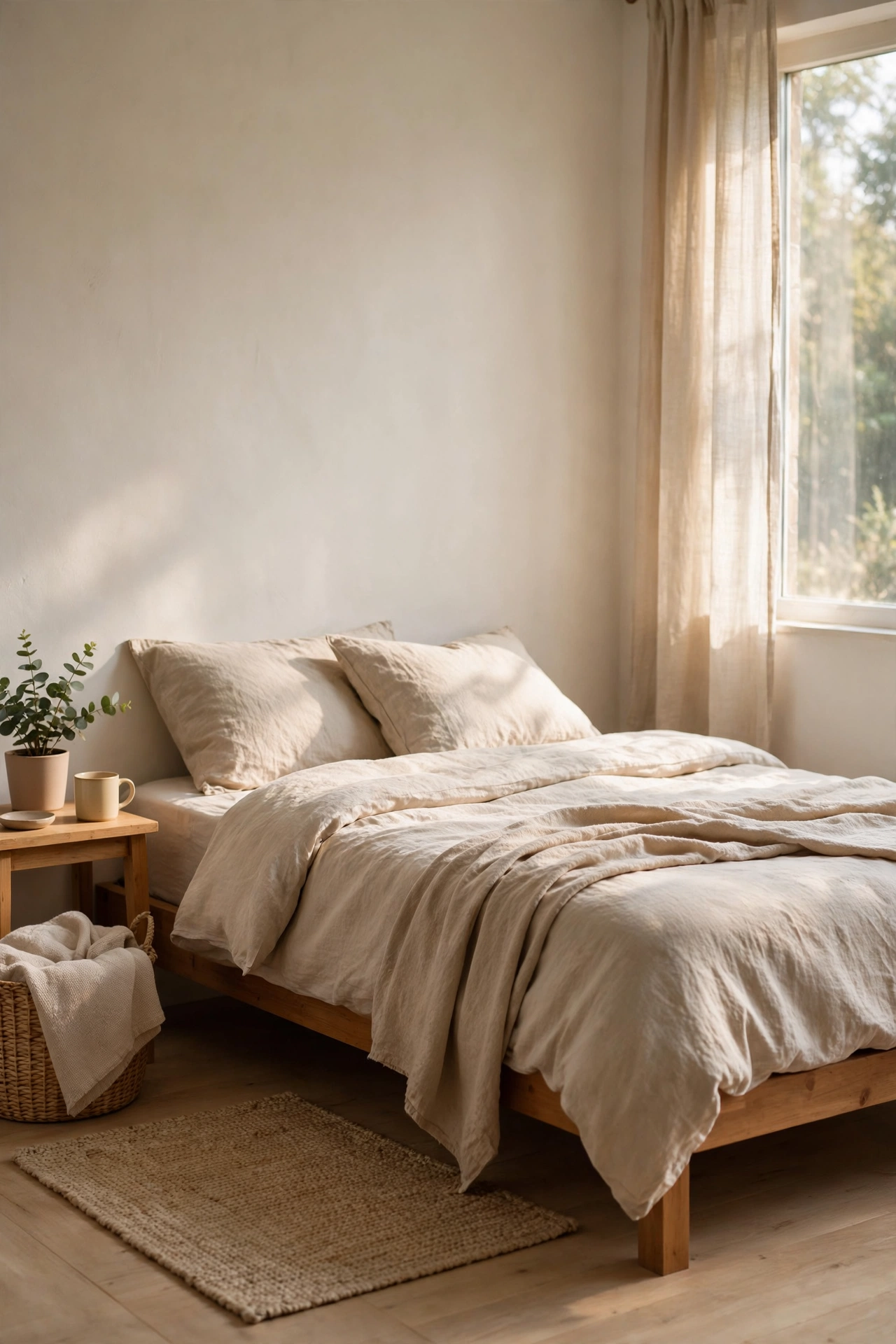 Minimal bedroom after a full declutter sweep, clear surfaces