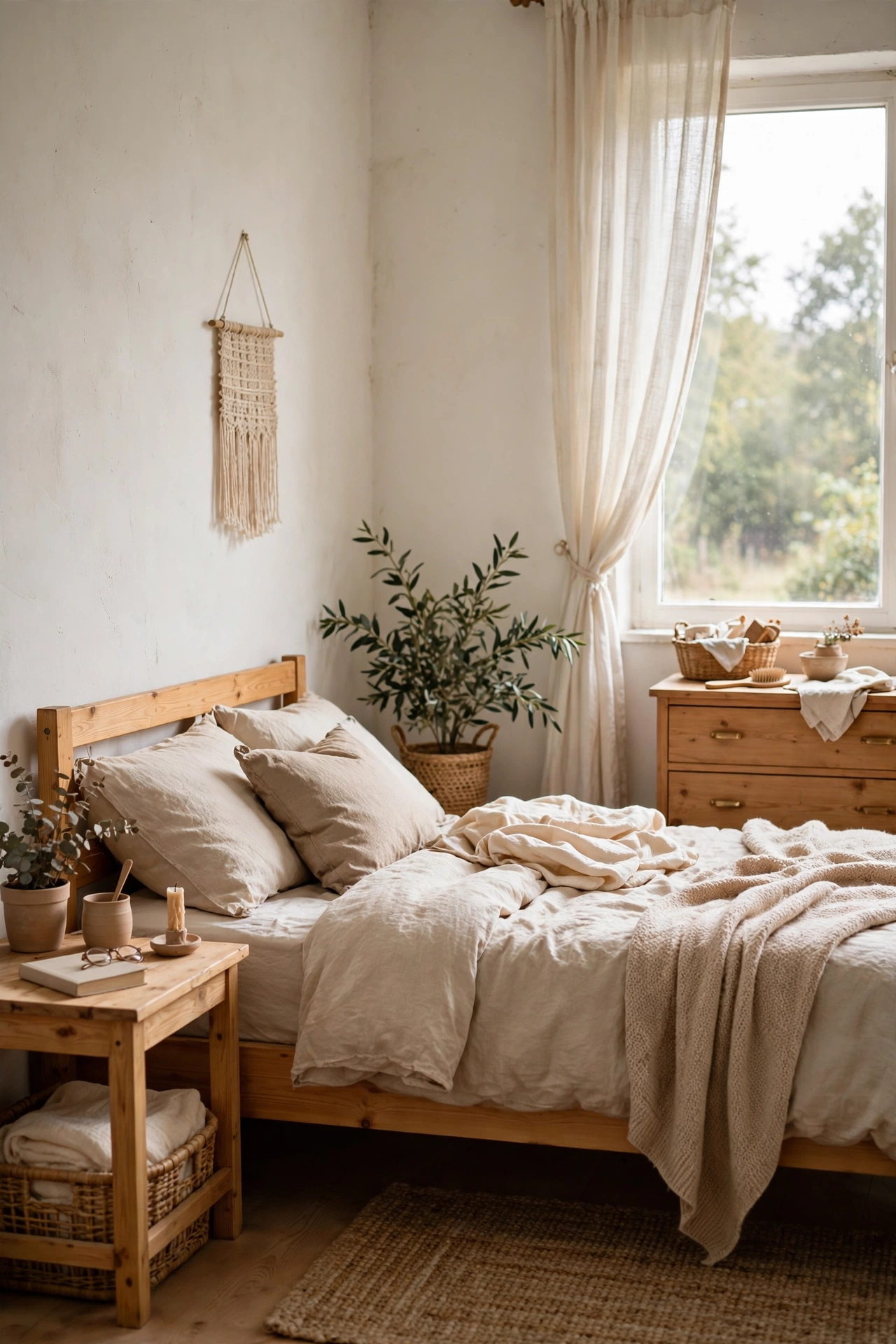 Bedroom wall freshly painted warm white with wooden furniture