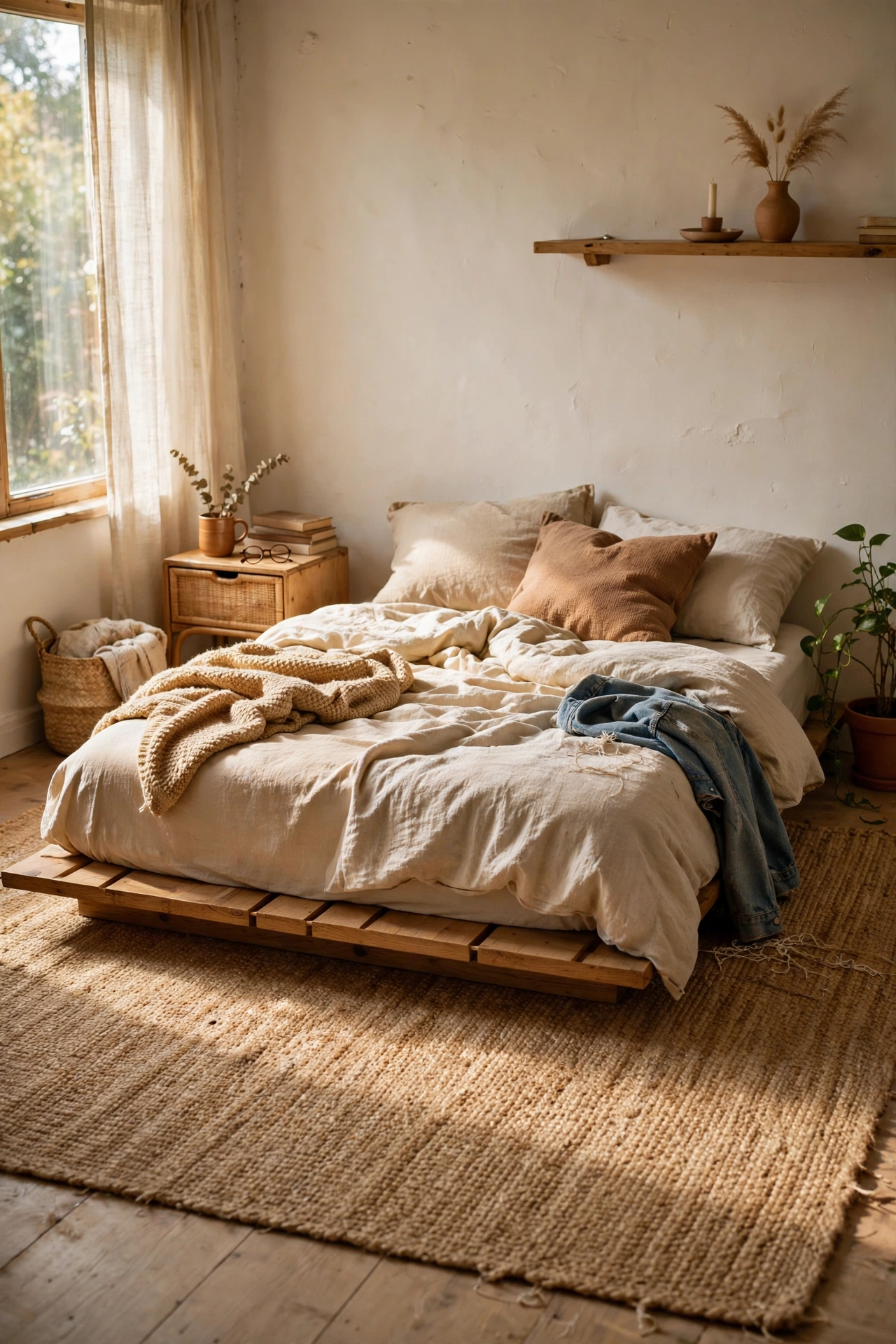 Large jute rug extending beyond low bed in bedroom