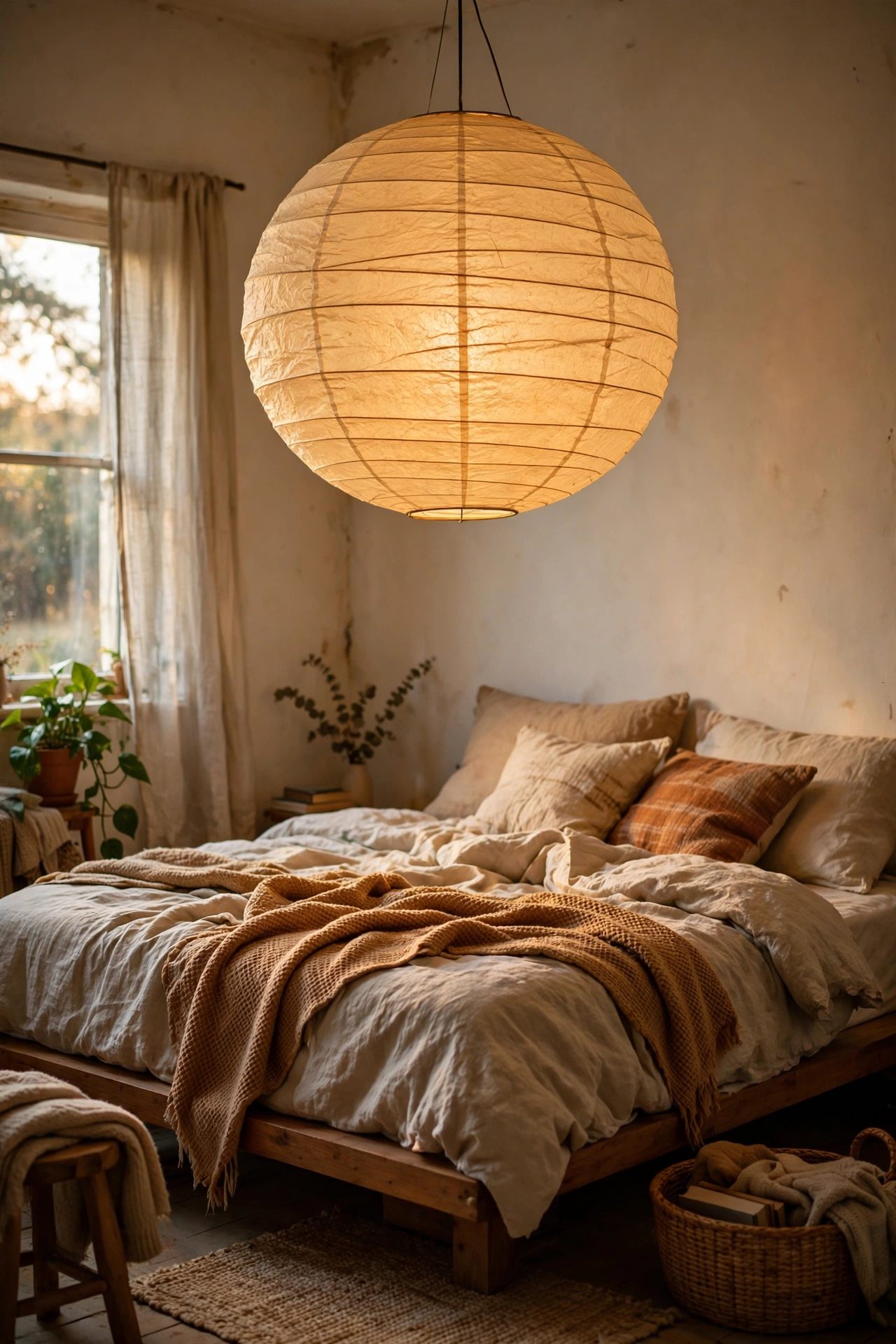 Rice paper lantern pendant glowing over low bed