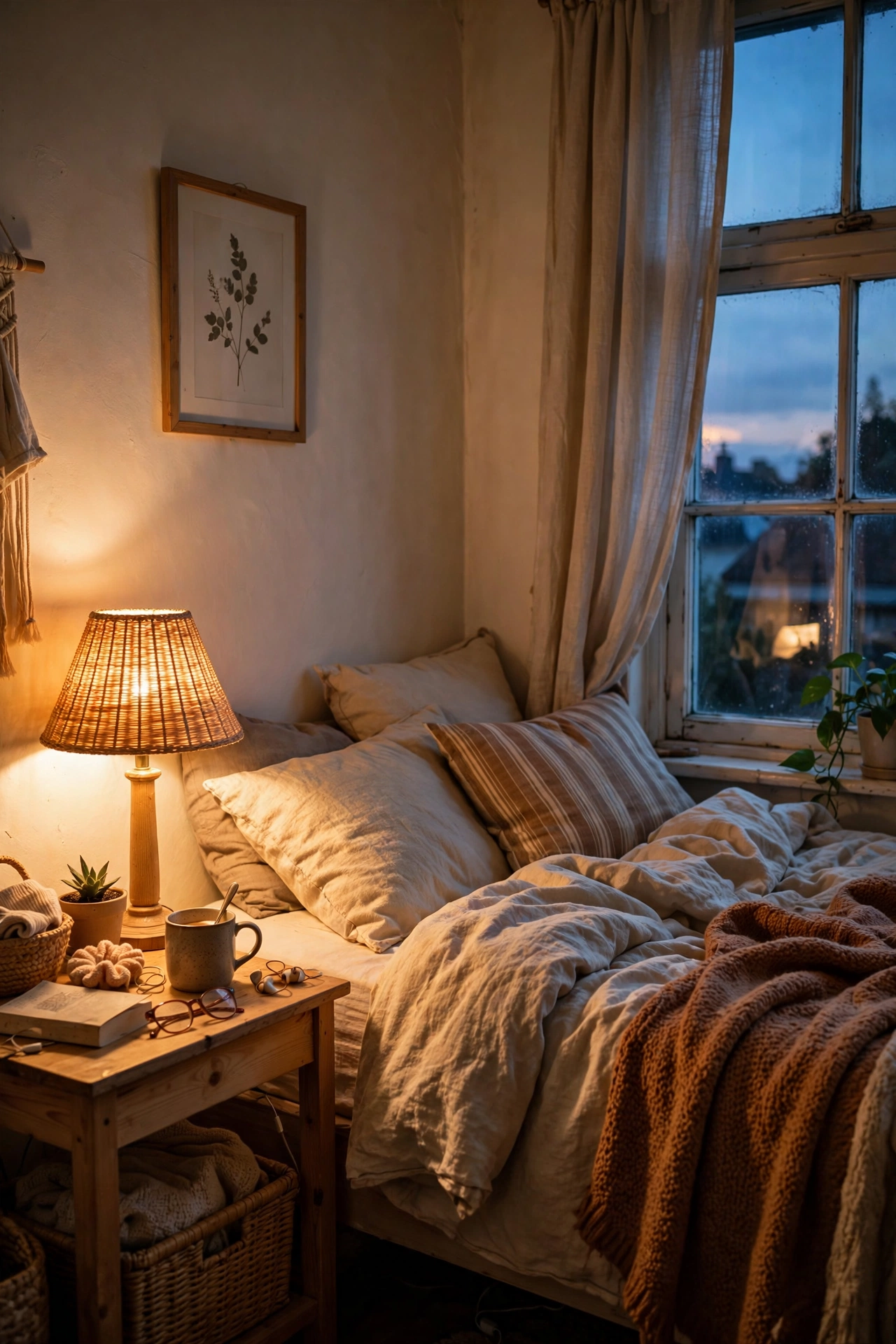 Bedside lamp glowing warm with 2700K bulb in evening