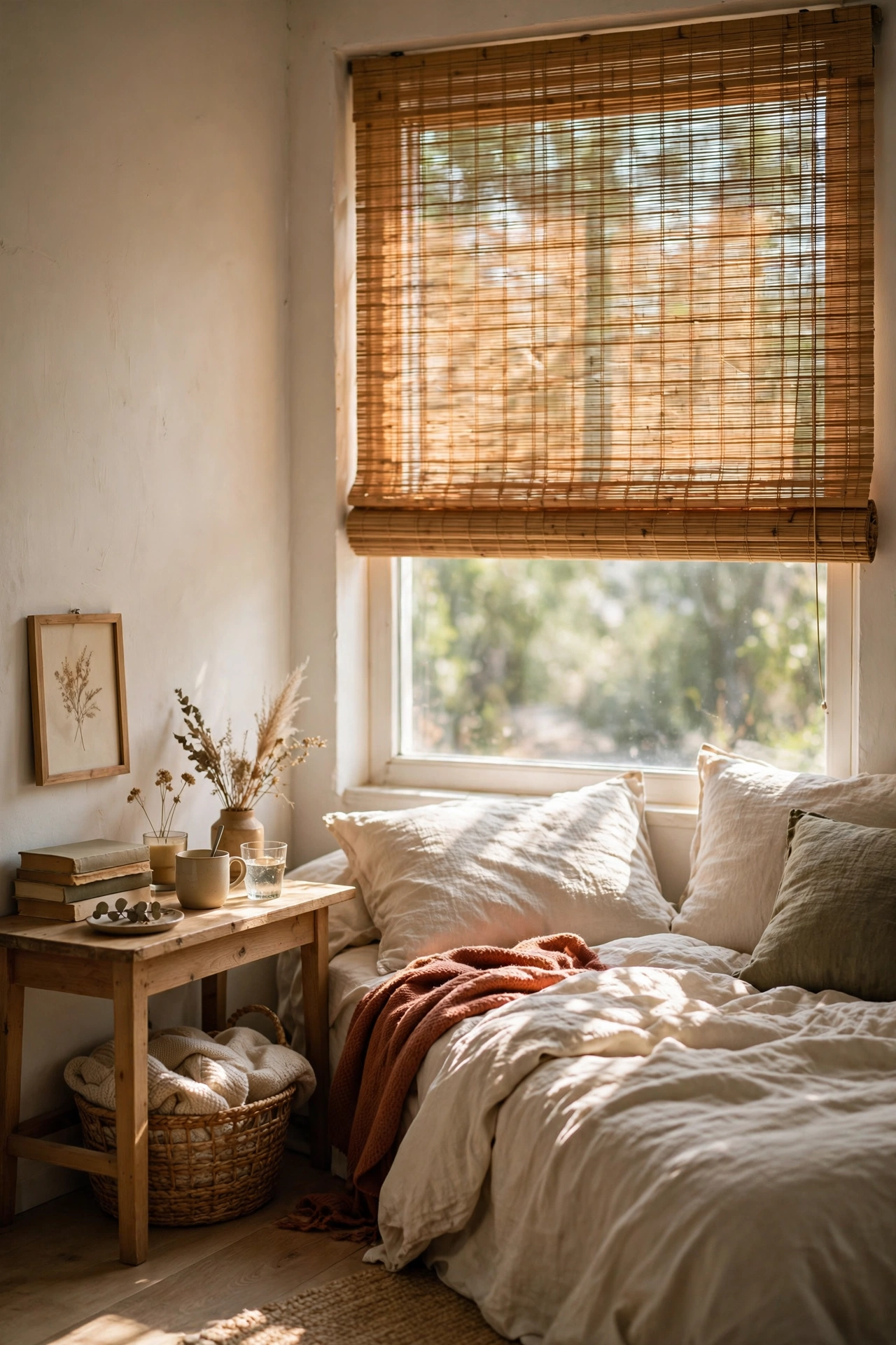 Bamboo roll-up blind filtering light in bedroom window