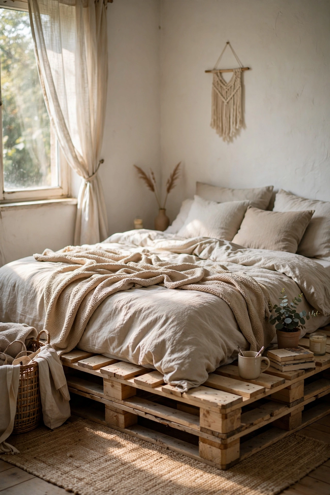 DIY pallet platform bed base with mattress in bedroom