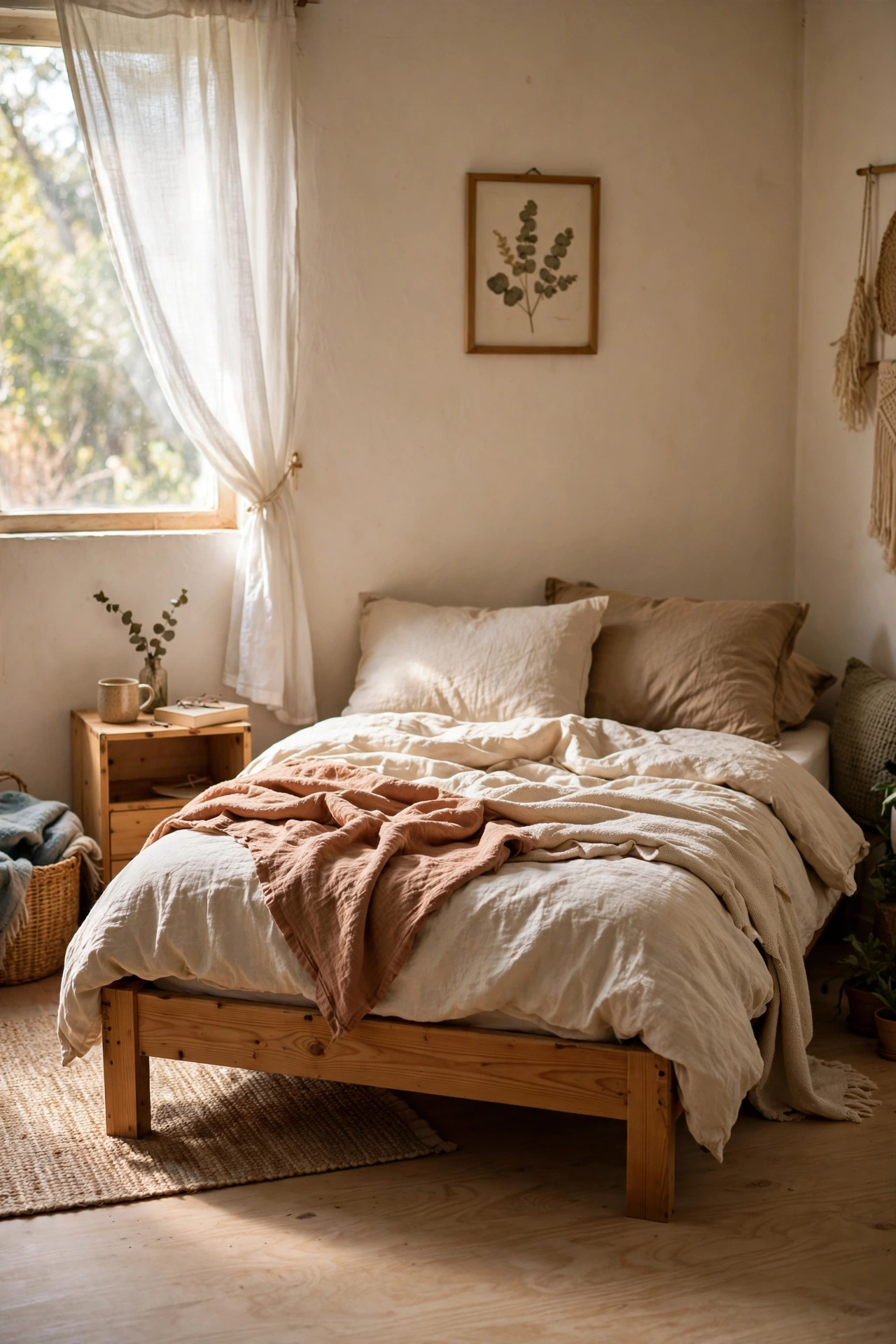 Thrifted wooden bed frame with legs cut low