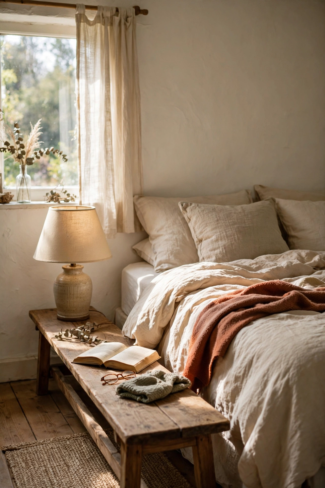 Long low wooden bench used as nightstand beside bed