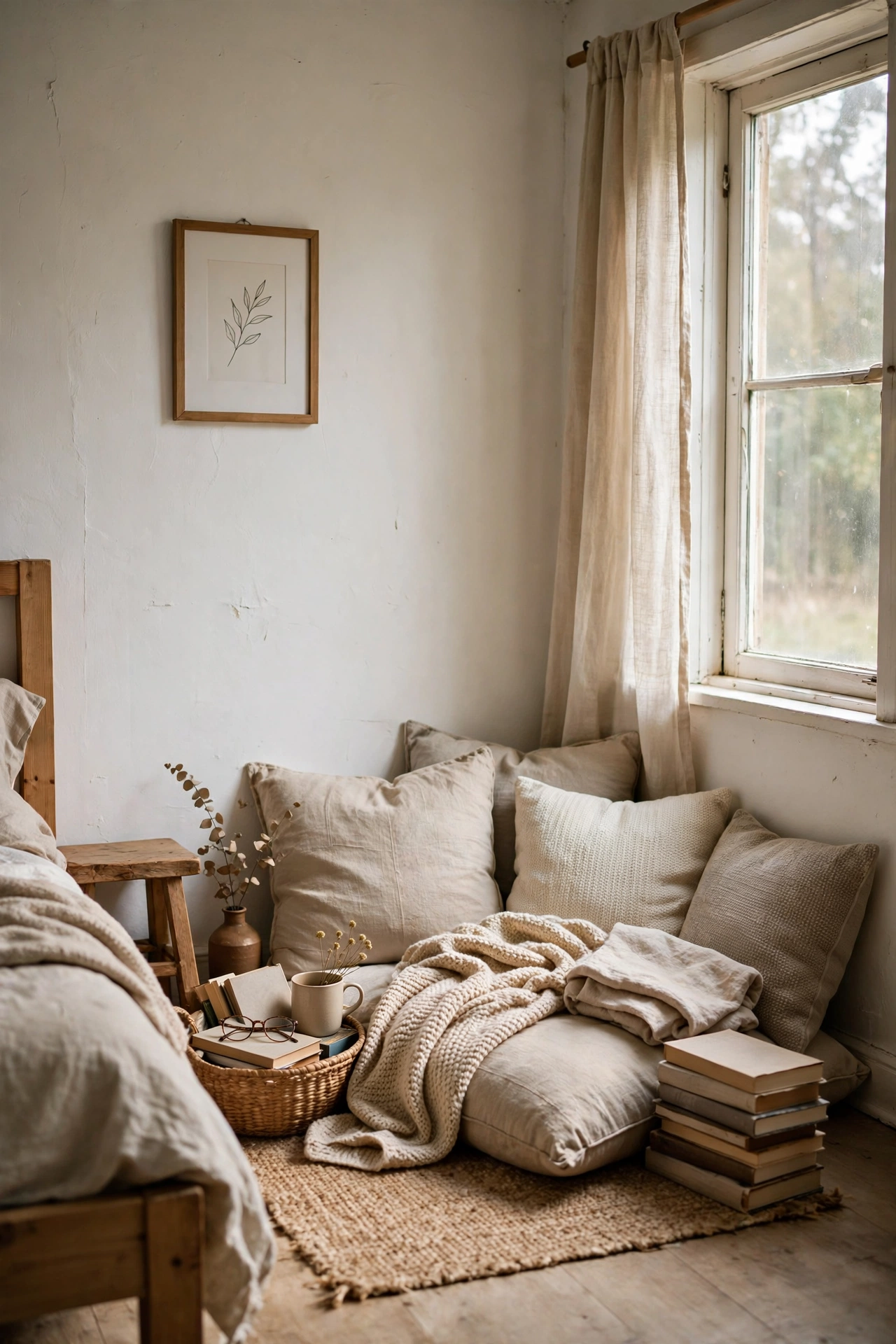 Floor cushion reading corner with neutral cushions by window