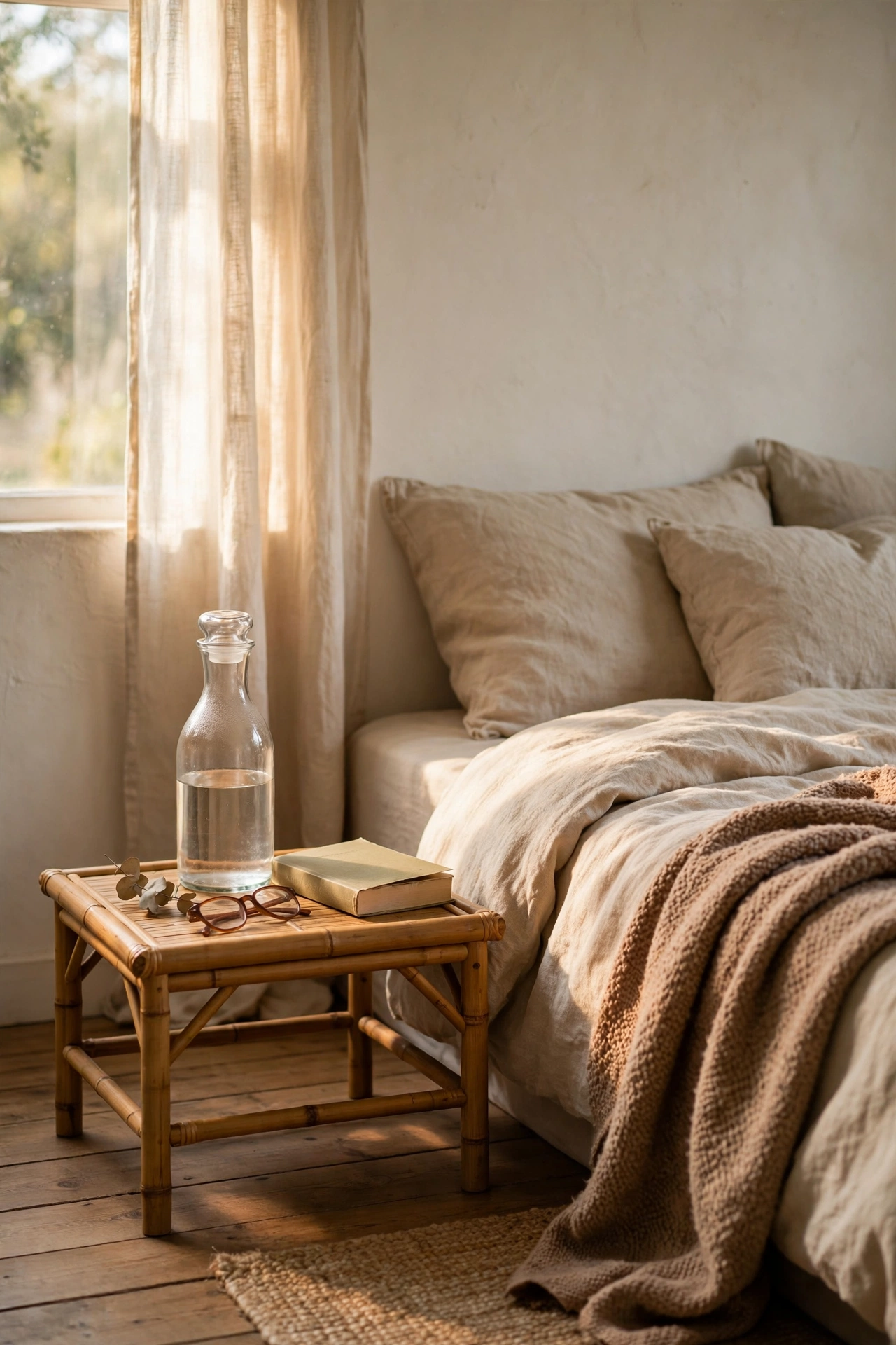 Small bamboo tray table beside low bed with carafe