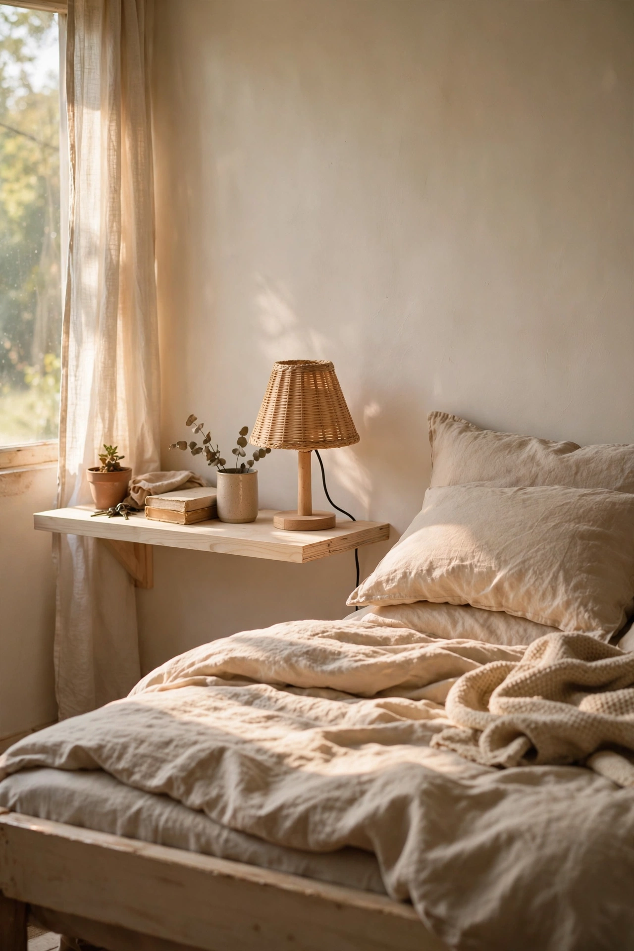 Single floating wood shelf as minimal nightstand