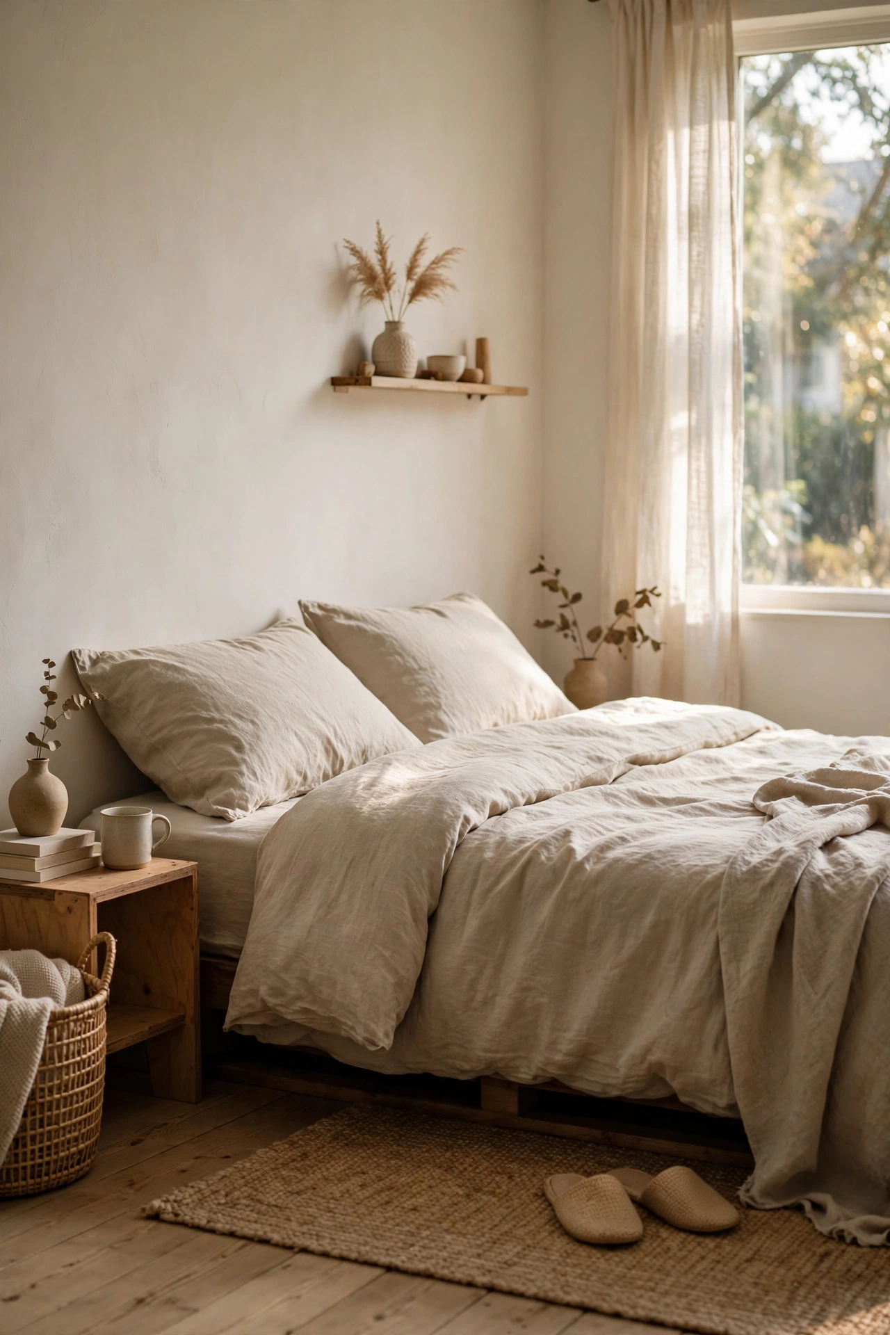 Bed with beige linen-look duvet set in Japandi style